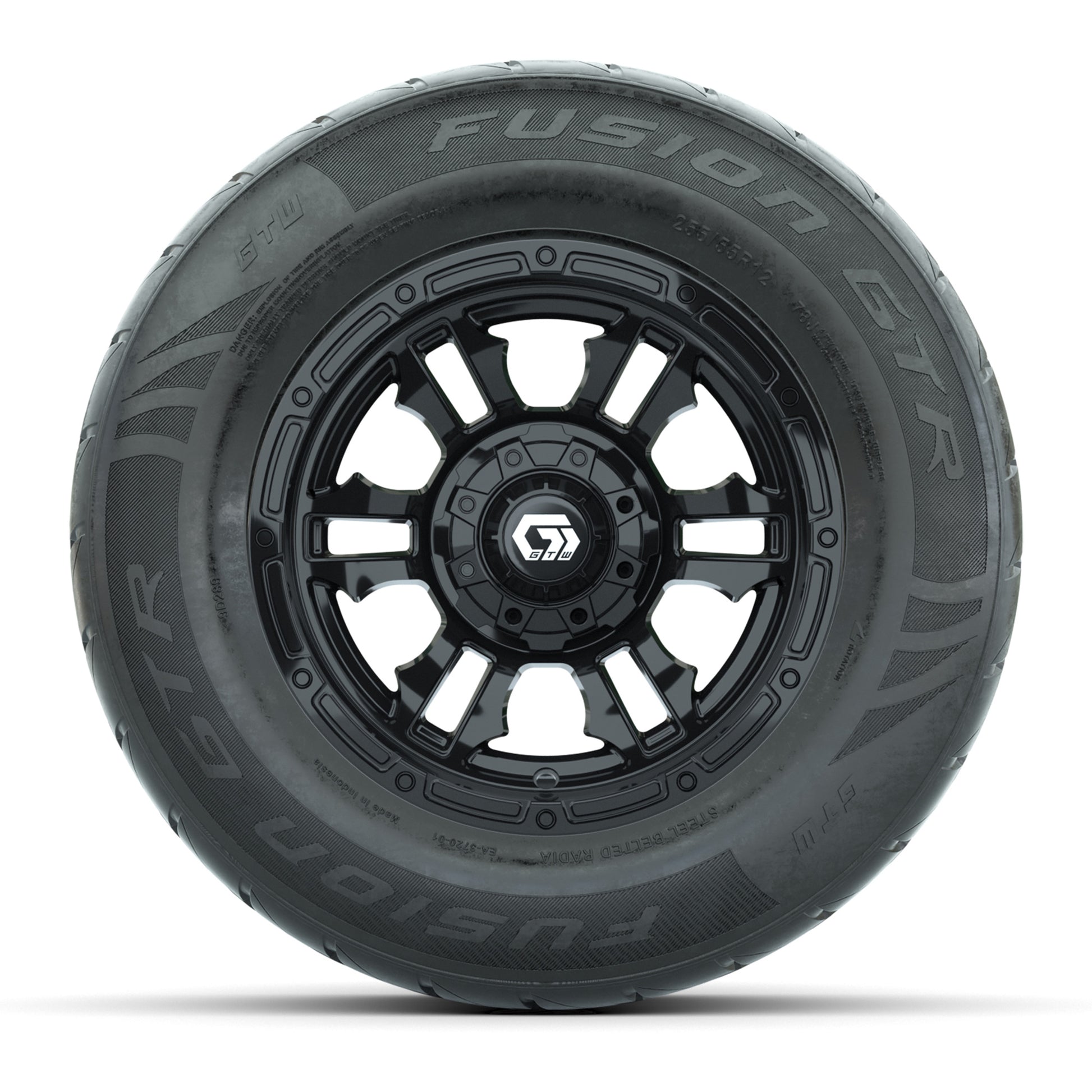 GTW® Shogun Gloss Black 12 in Wheels with 255/55-R12 Fusion GTR Steel Belt Radial Street Tires – Full Set