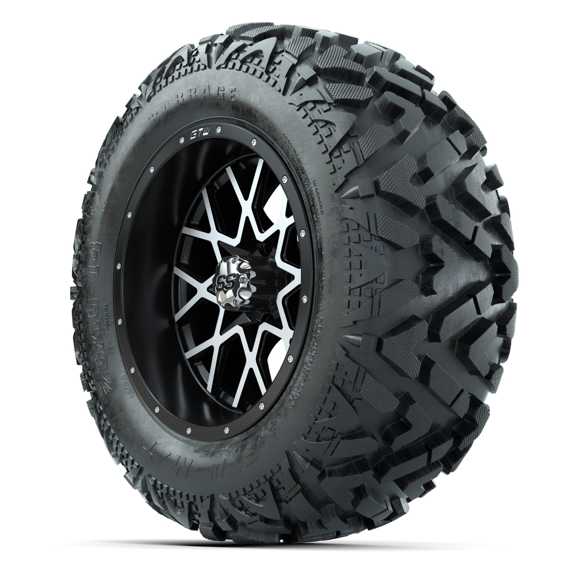 GTW Vortex Matte Black/Machined 14 in Wheels with 25x10-14 Barrage Mud Tires – Full Set