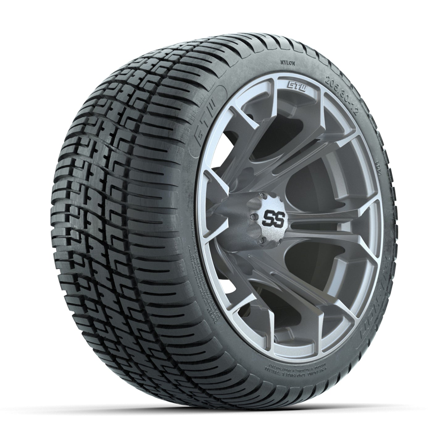 GTW® Spyder Silver Brush 12 in Wheels with 205/30-12 Fusion Street Tires – Full Set