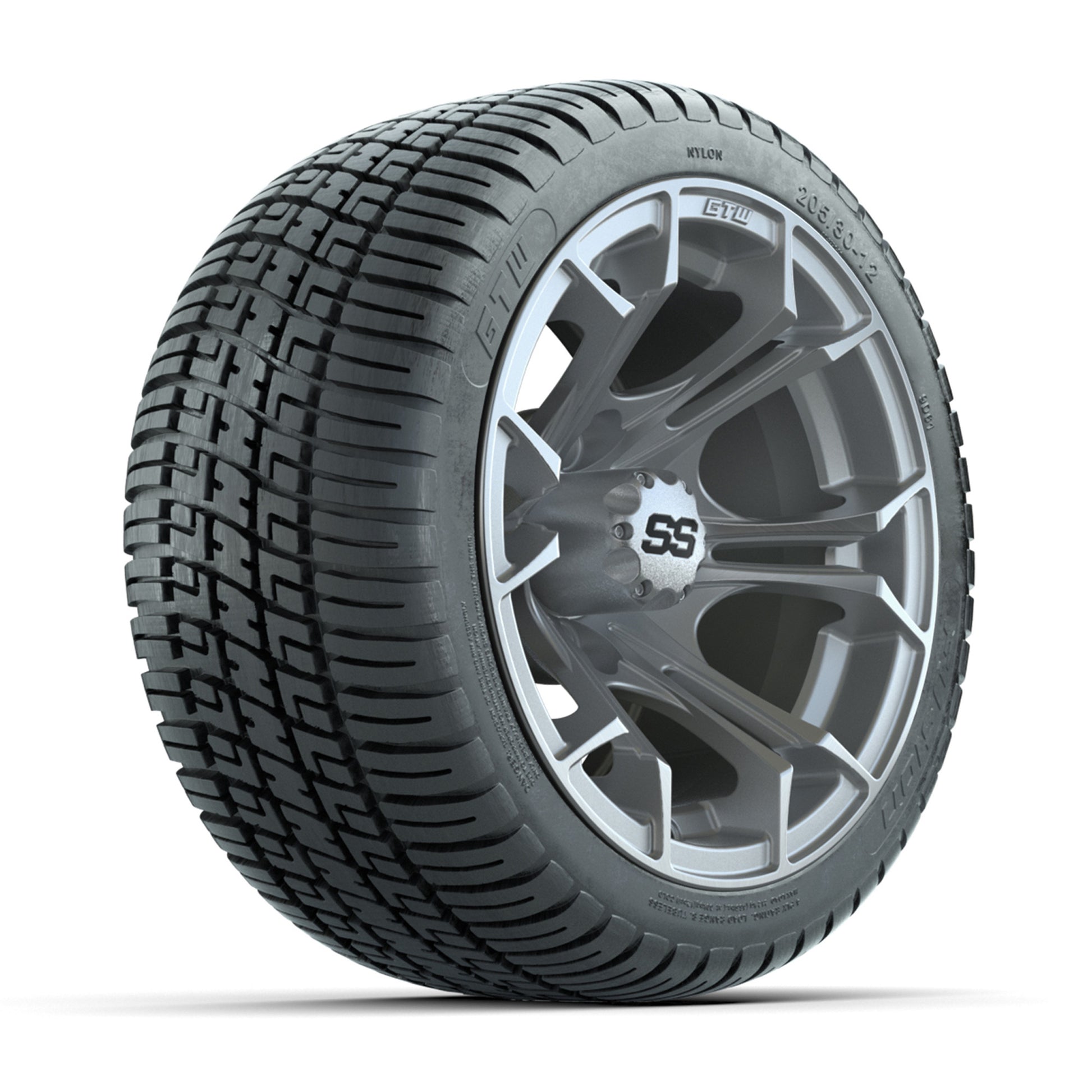 GTW® Spyder Silver Brush 12 in Wheels with 205/30-12 Fusion Street Tires – Full Set