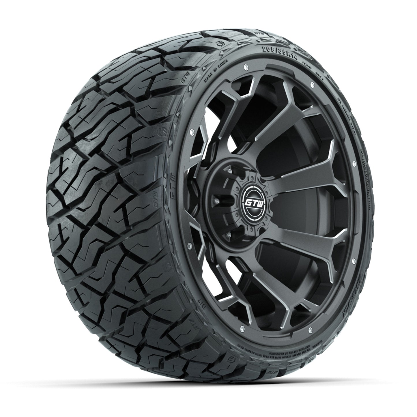 GTW® Raven Matte Gray/Ball Milled 14 in Wheels with 205/35-R14 Maverick Low-Profile All-Terrain Tires - Full Set