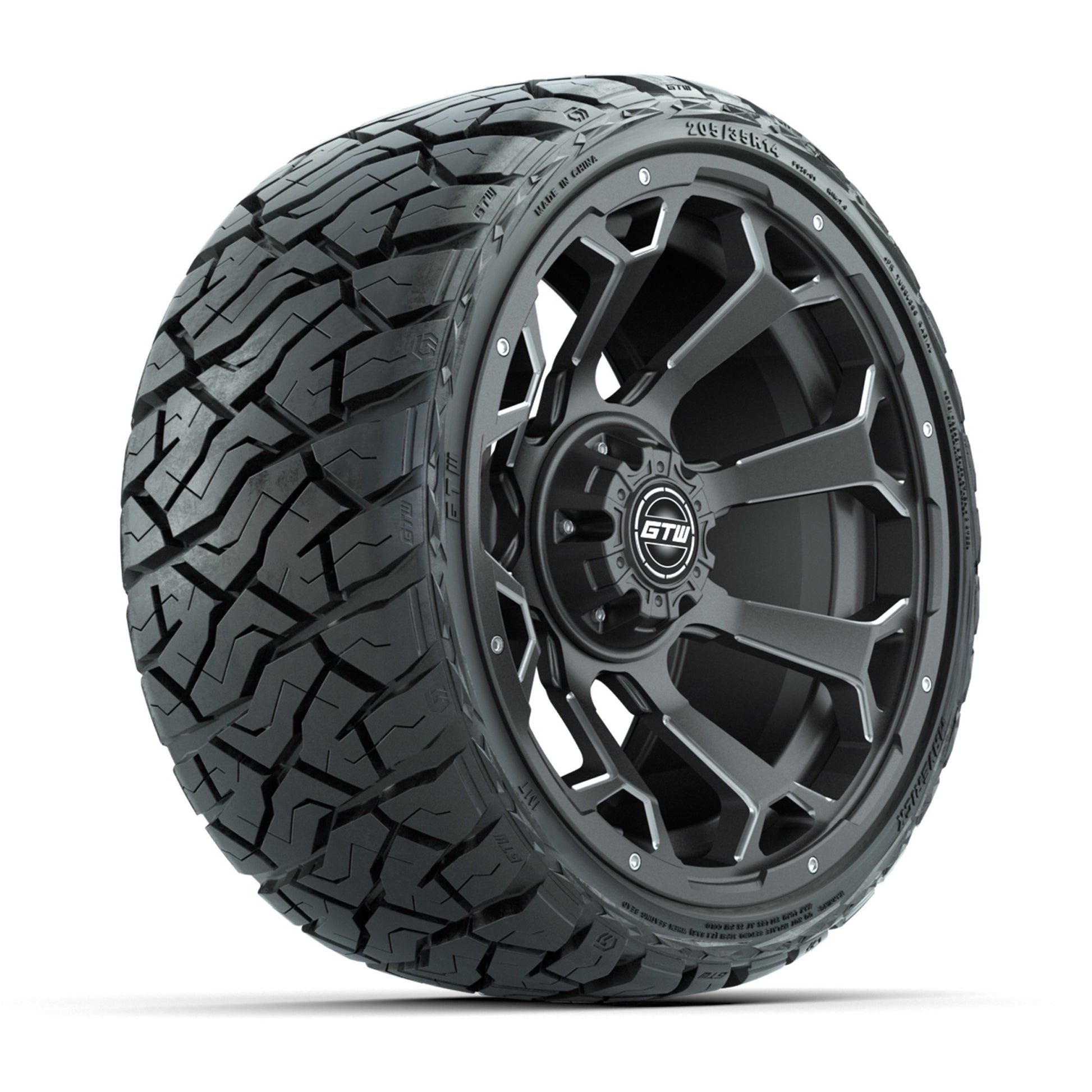 GTW® Raven Matte Gray/Ball Milled 14 in Wheels with 205/35-R14 Maverick Low-Profile All-Terrain Tires - Full Set