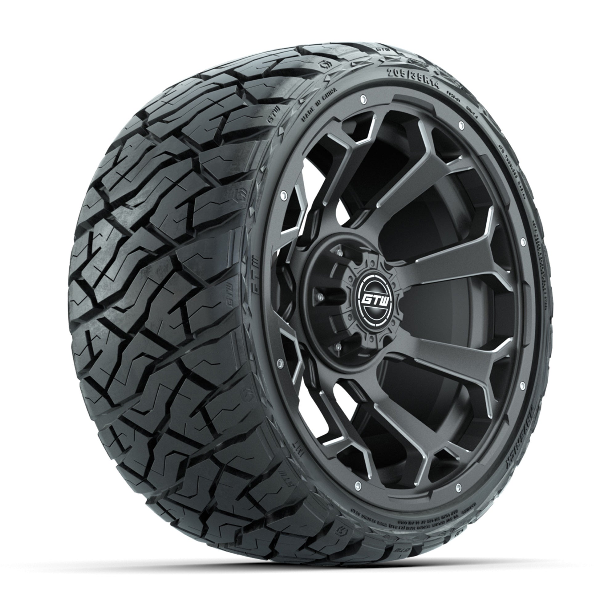 GTW® Raven Matte Gray/Ball Milled 14 in Wheels with 205/35-R14 Maverick Low-Profile All-Terrain Tires - Full Set