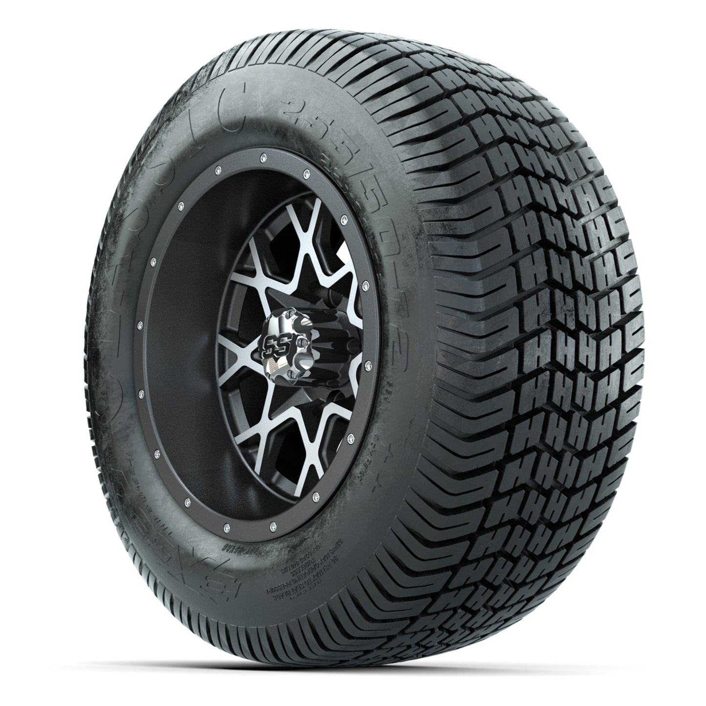 GTW® Vortex 2 Matte Gray/Machined 12 in Wheels with 255/50-12 Excel Classic Street Tires – Full Set