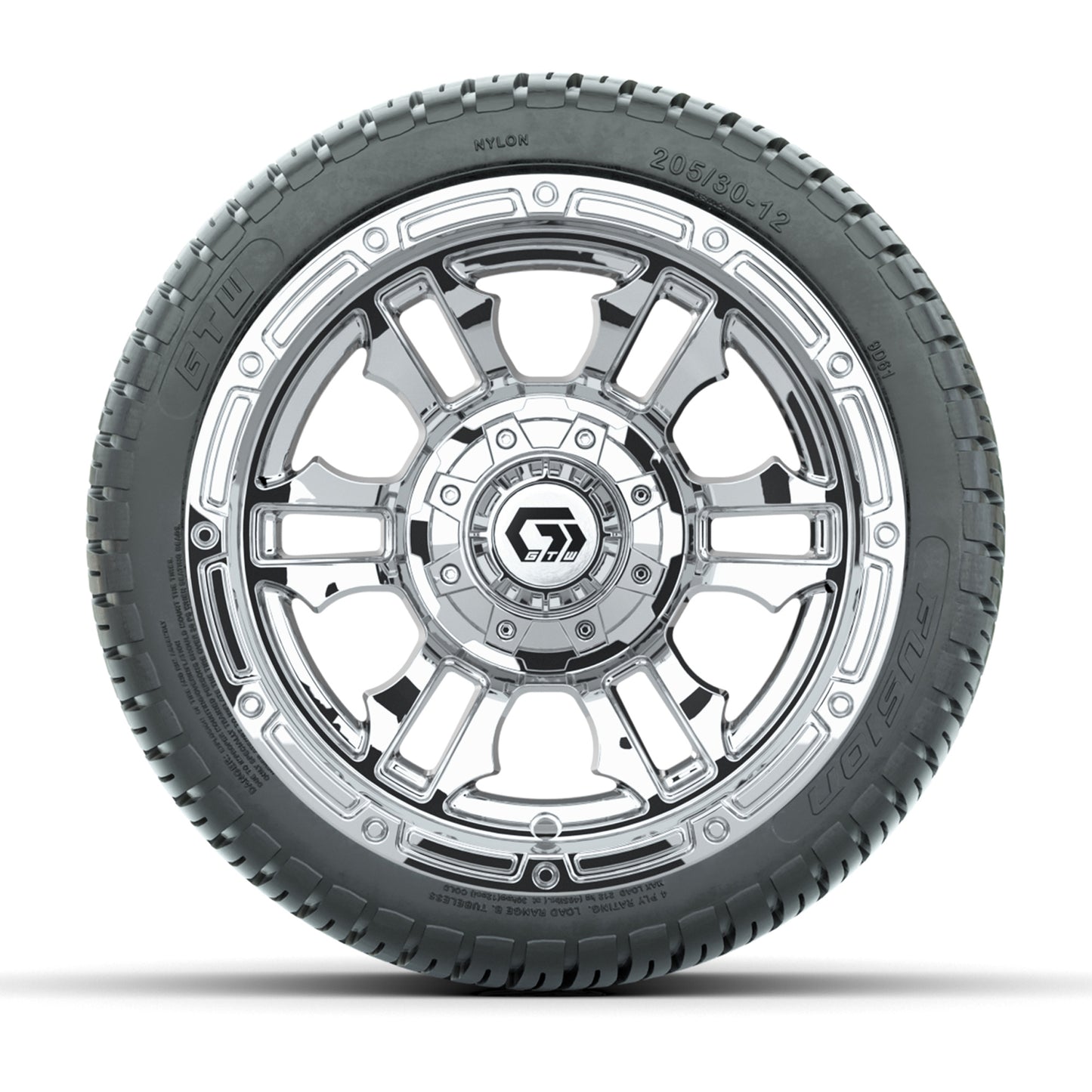 GTW® Shogun Chrome 12 in Wheels with 205/30-12 Fusion Street Tires – Full Set