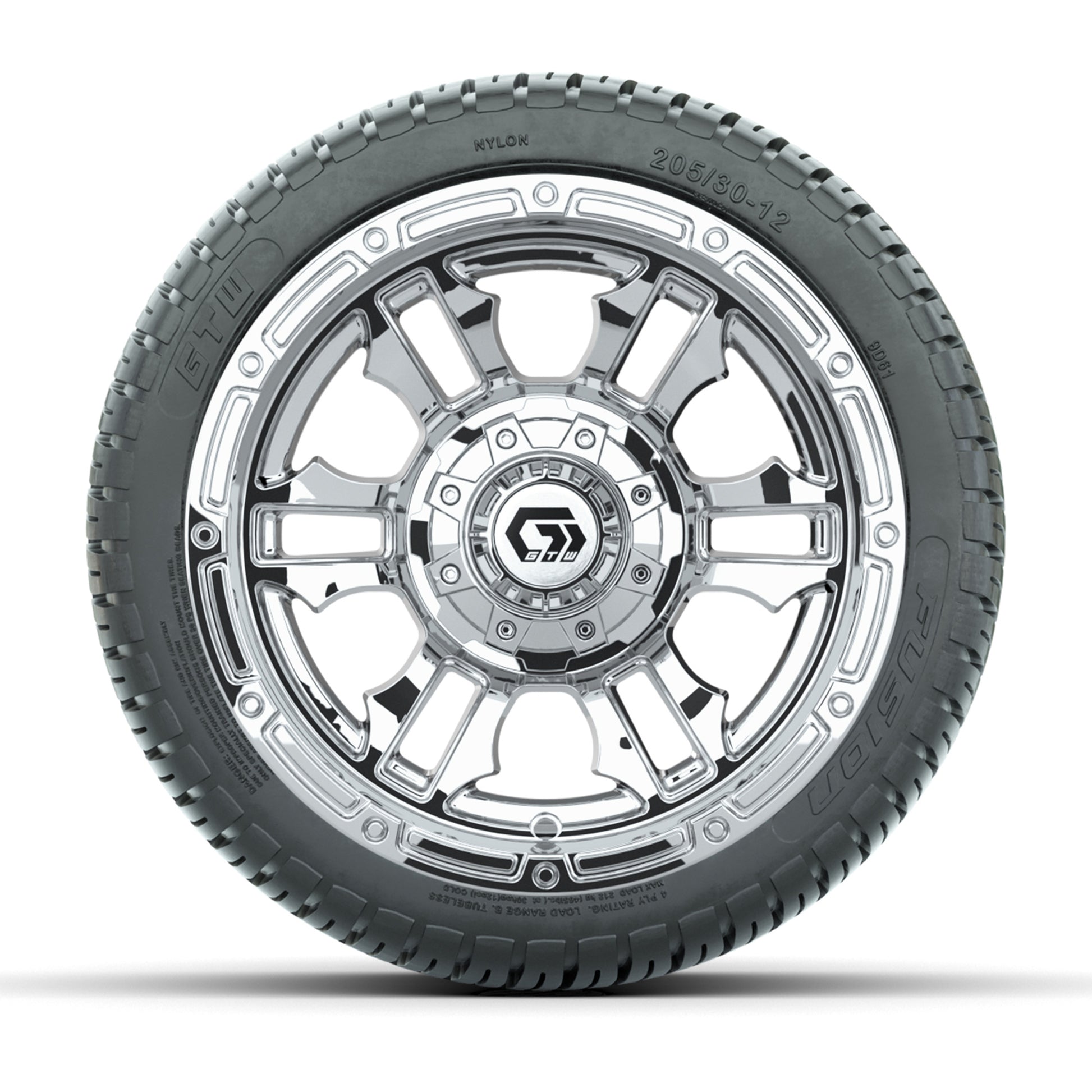 GTW® Shogun Chrome 12 in Wheels with 205/30-12 Fusion Street Tires – Full Set