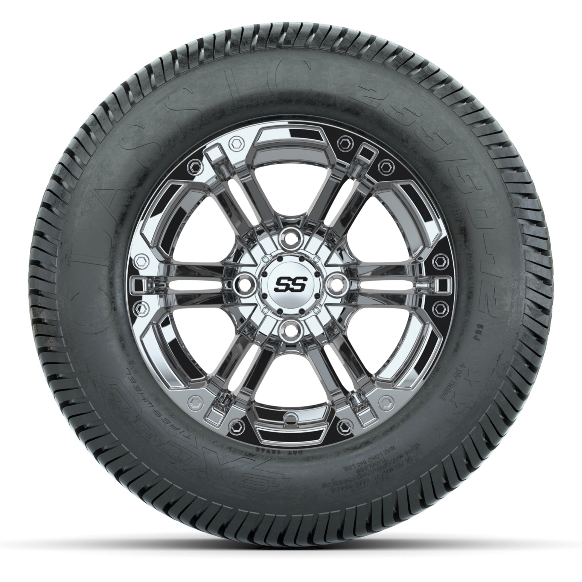 GTW® Specter Chrome 12 in Wheels with 255/50-12 Excel Classic Street Tires – Full Set