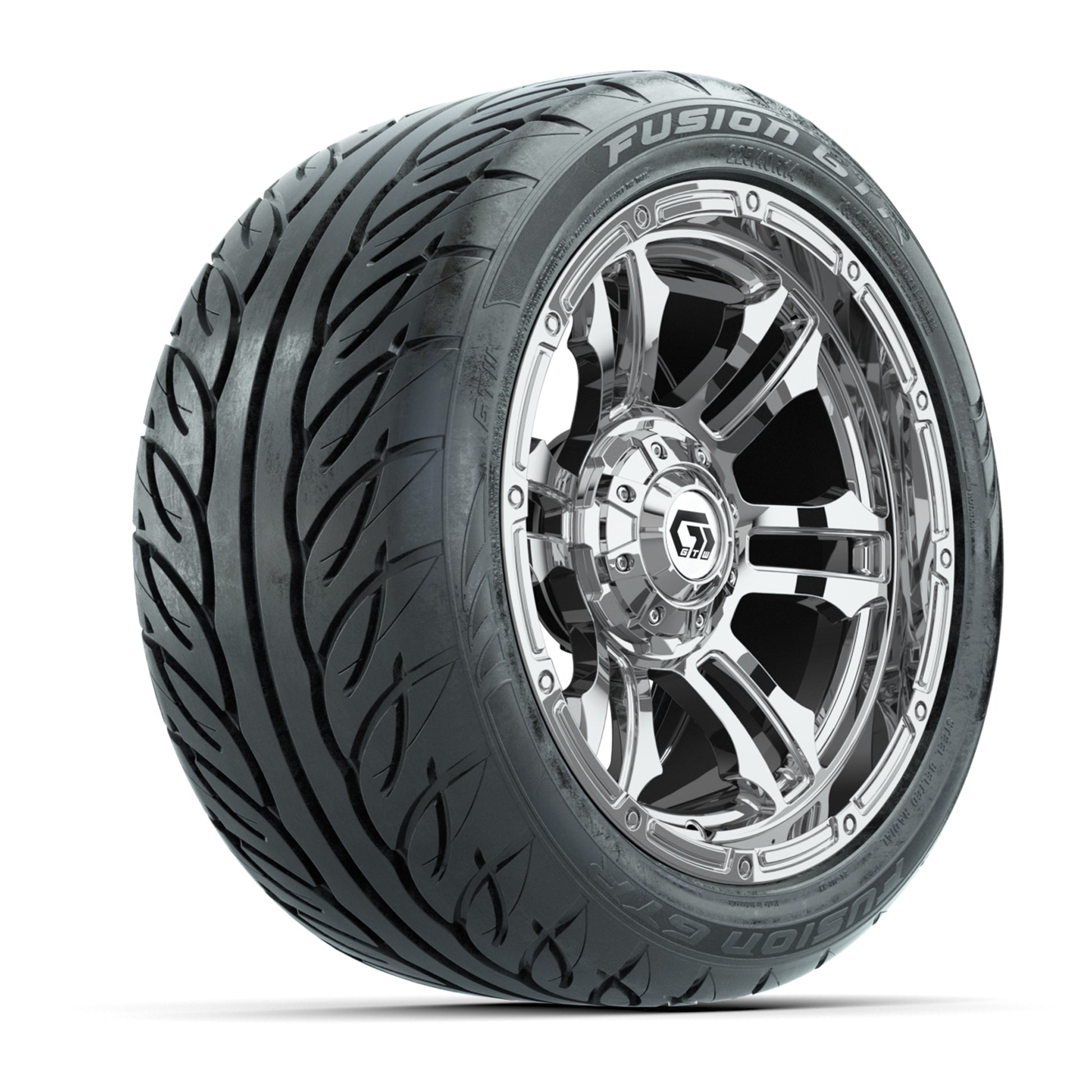 GTW® Shogun Chrome 14 in Wheels with 225/40-R14 Fusion GTR Steel Belt Radial Street Tires – Full Set