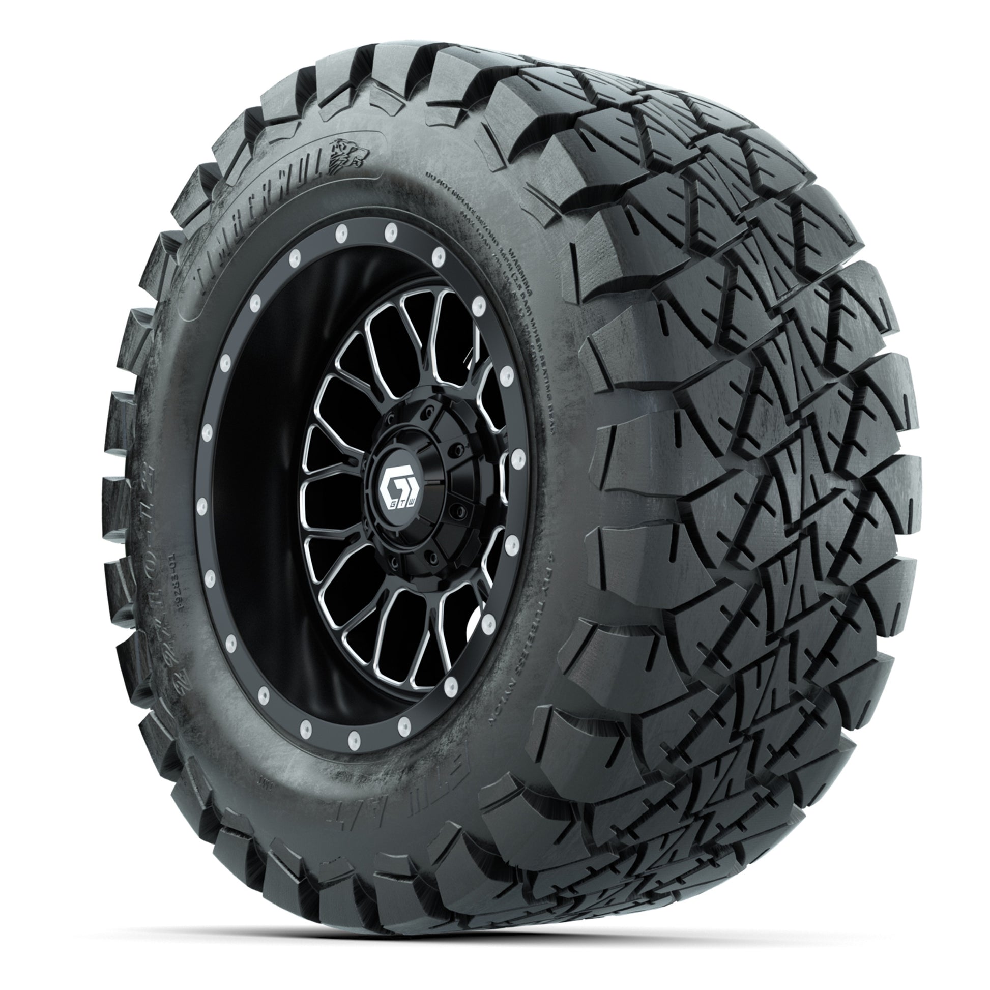 GTW® Helix Black/Machined 12 in Wheels with 22X10-12 Timberwolf All-Terrain Tires – Full Set