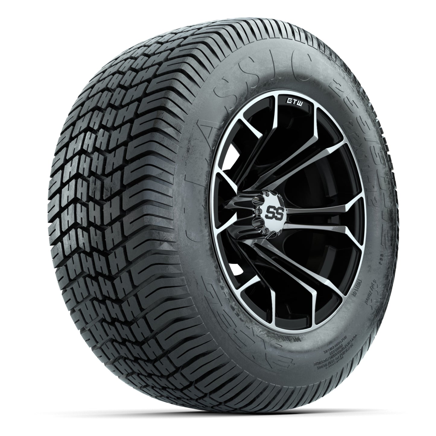 GTW® Spyder Black/Machined 12 in Wheels with 255/50-12 Excel Classic Street Tires – Full Set