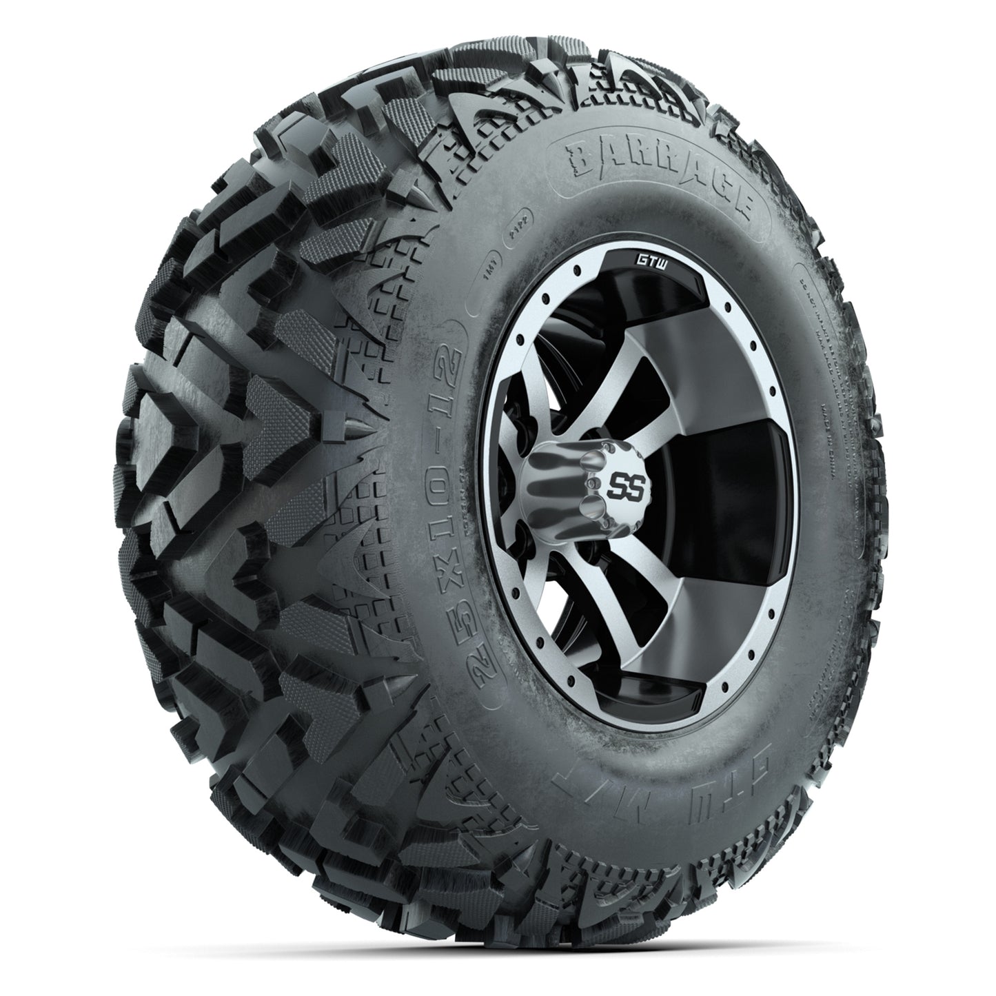 GTW® Storm Trooper Black/Machined 12 in Wheels with 25X10-12 Barrage Mud Tires – Full Set