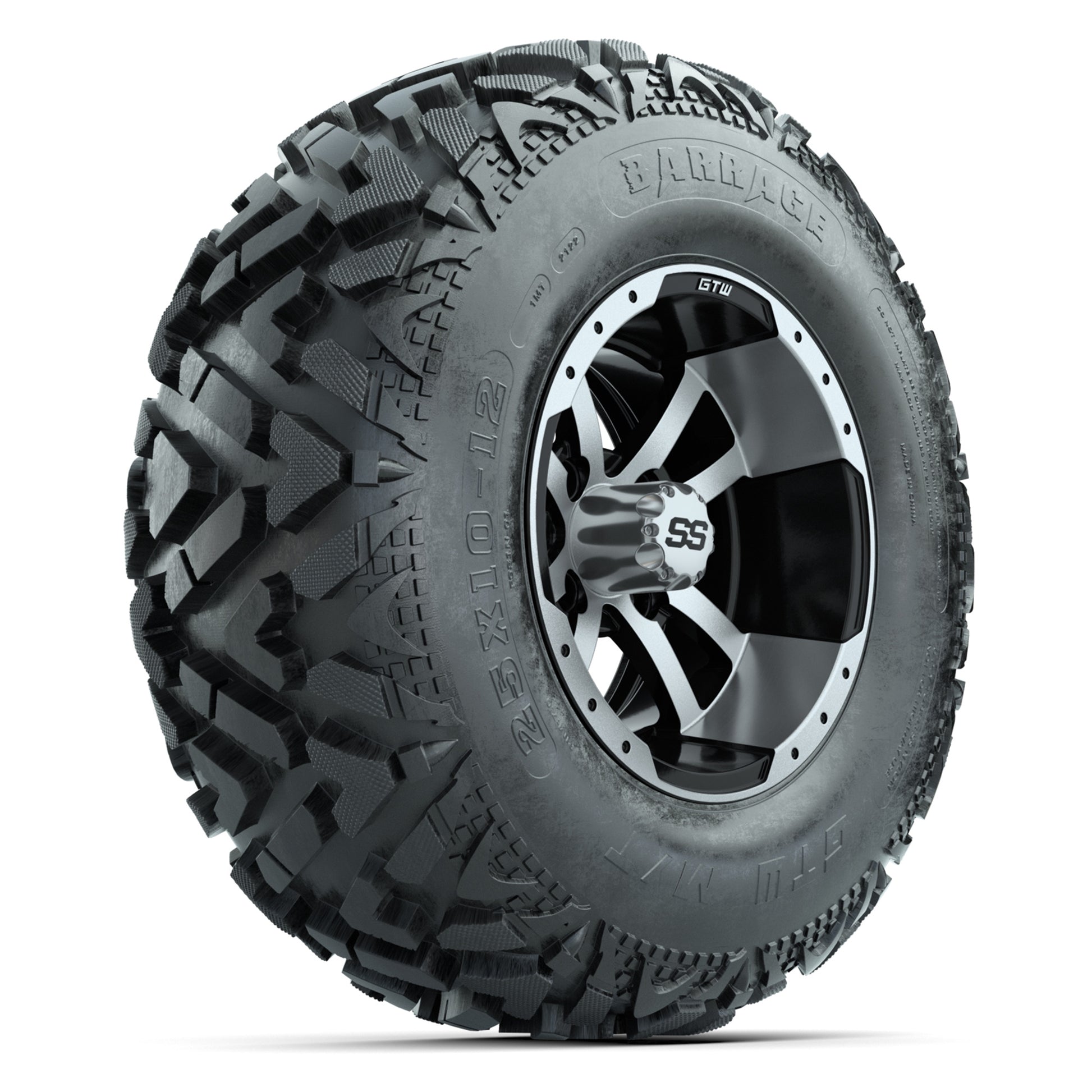 GTW® Storm Trooper Black/Machined 12 in Wheels with 25X10-12 Barrage Mud Tires – Full Set