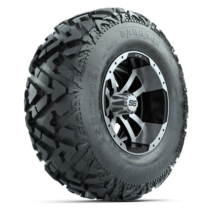 GTW® Storm Trooper Black/Machined 12 in Wheels with 25X10-12 Barrage Mud Tires – Full Set