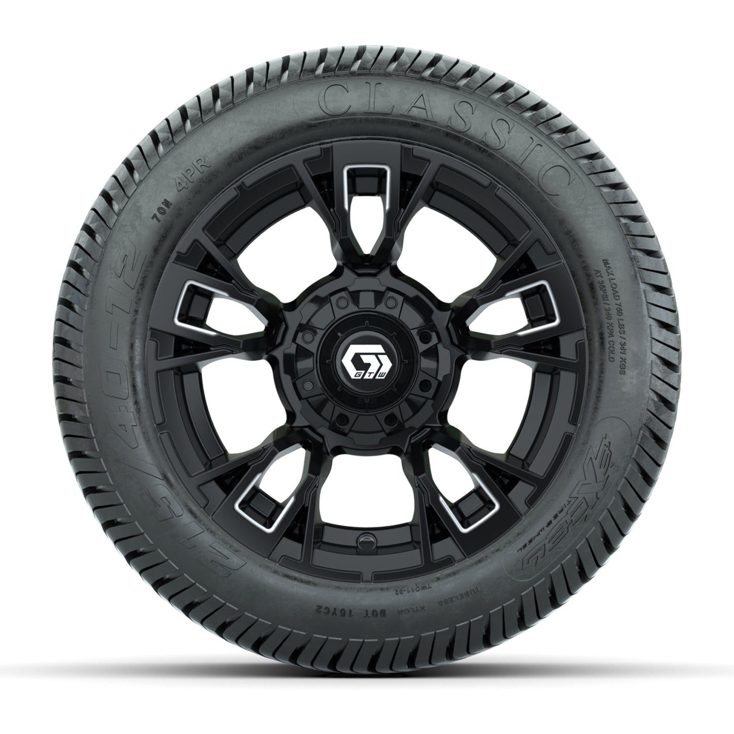 GTW® Vandal Matte Black/Machined 12 in Wheels with 215/40-12 Excel Classic Street Tires – Full Set