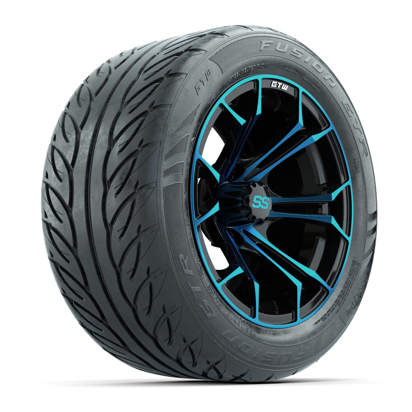 GTW® Spyder Black/Blue 14 in Wheels with 255/45-R14 Fusion GTR Steel Belt Radial Street Tires – Full Set