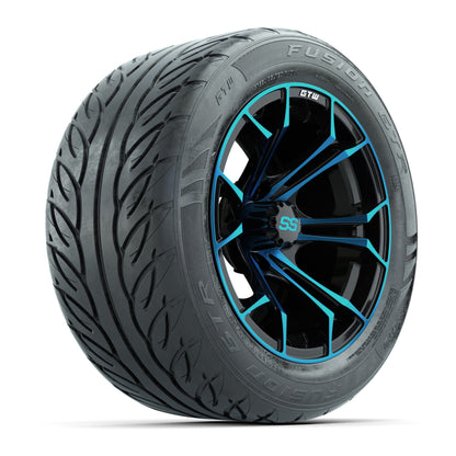GTW® Spyder Black/Blue 14 in Wheels with 255/45-R14 Fusion GTR Steel Belt Radial Street Tires – Full Set