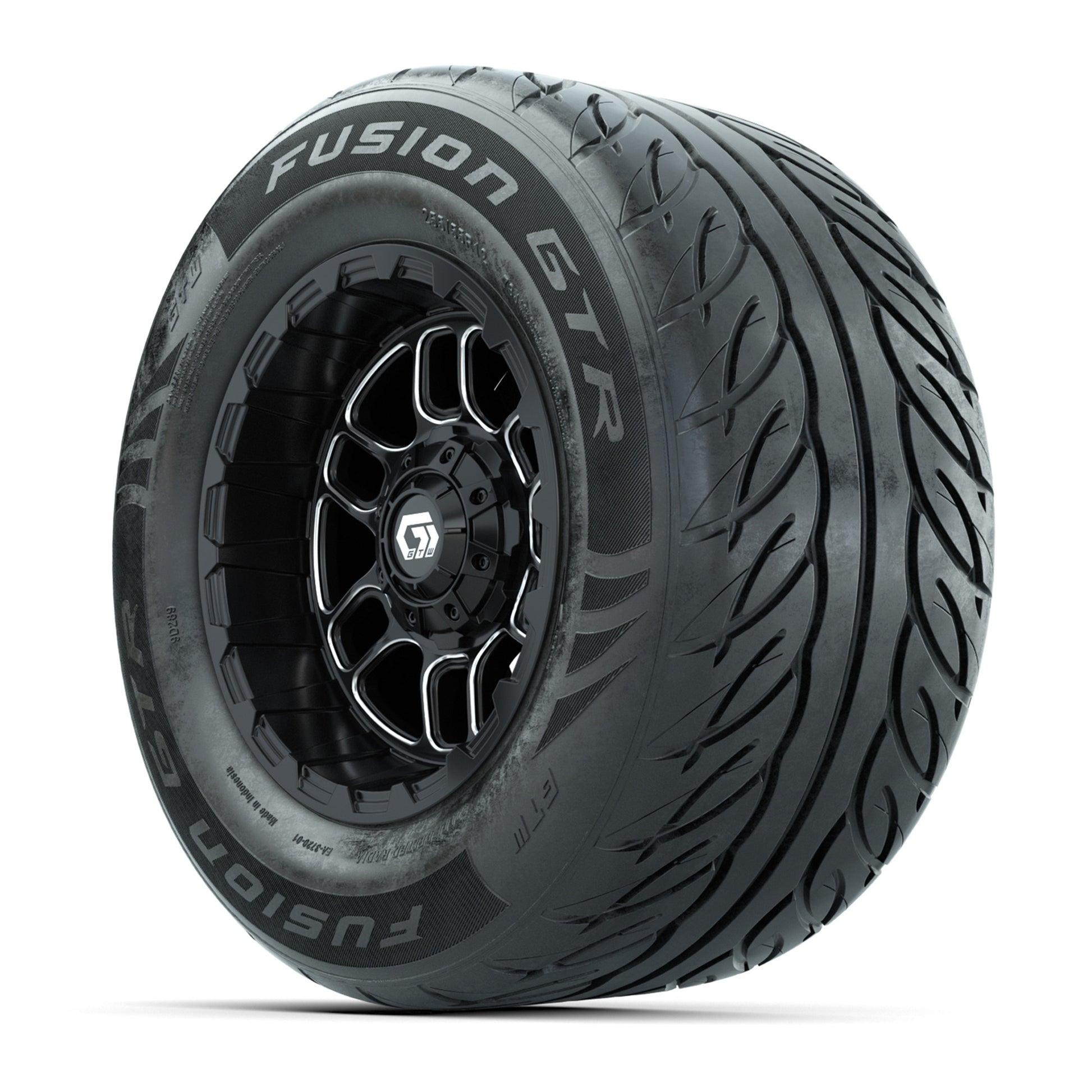 GTW® Titan Black/Machined 12 in Wheels with 255/55-R12 Fusion GTR Steel Belt Radial Street Tires – Full Set