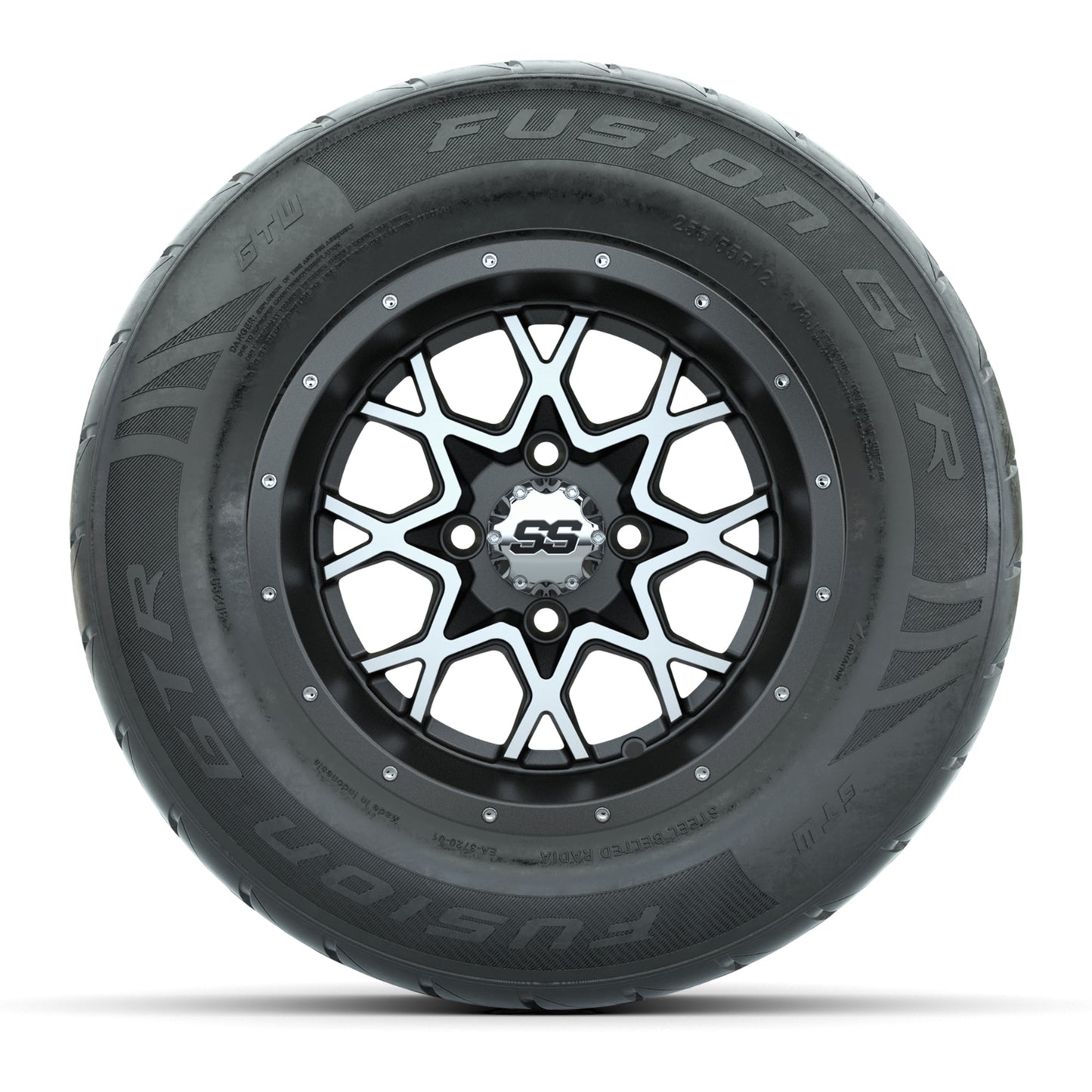 GTW® Vortex 2 Matte Gray/Machined 12 in Wheels with 255/55-R12 Fusion GTR Steel Belt Radial Street Tires - Full Set