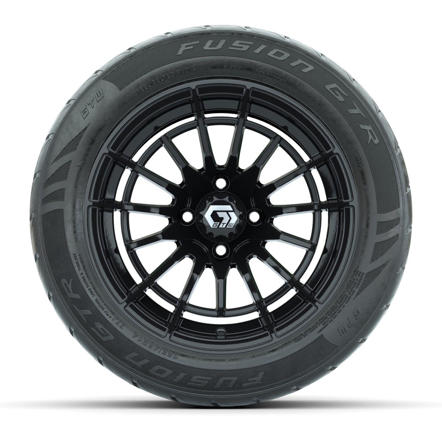 GTW® Boost Gloss Black 14 in Wheels with 255/45-R14 Fusion GTR Steel Belt Radial Street Tires – Full Set