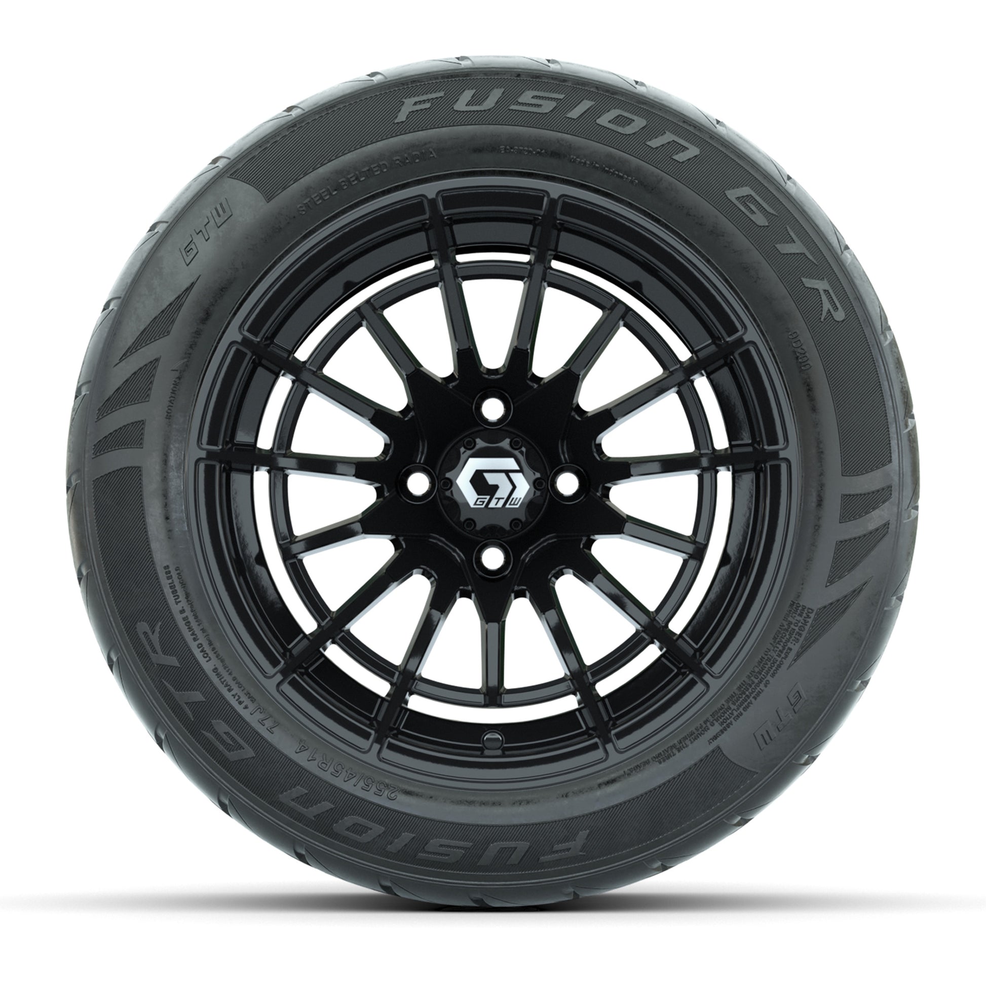 GTW® Boost Gloss Black 14 in Wheels with 255/45-R14 Fusion GTR Steel Belt Radial Street Tires – Full Set