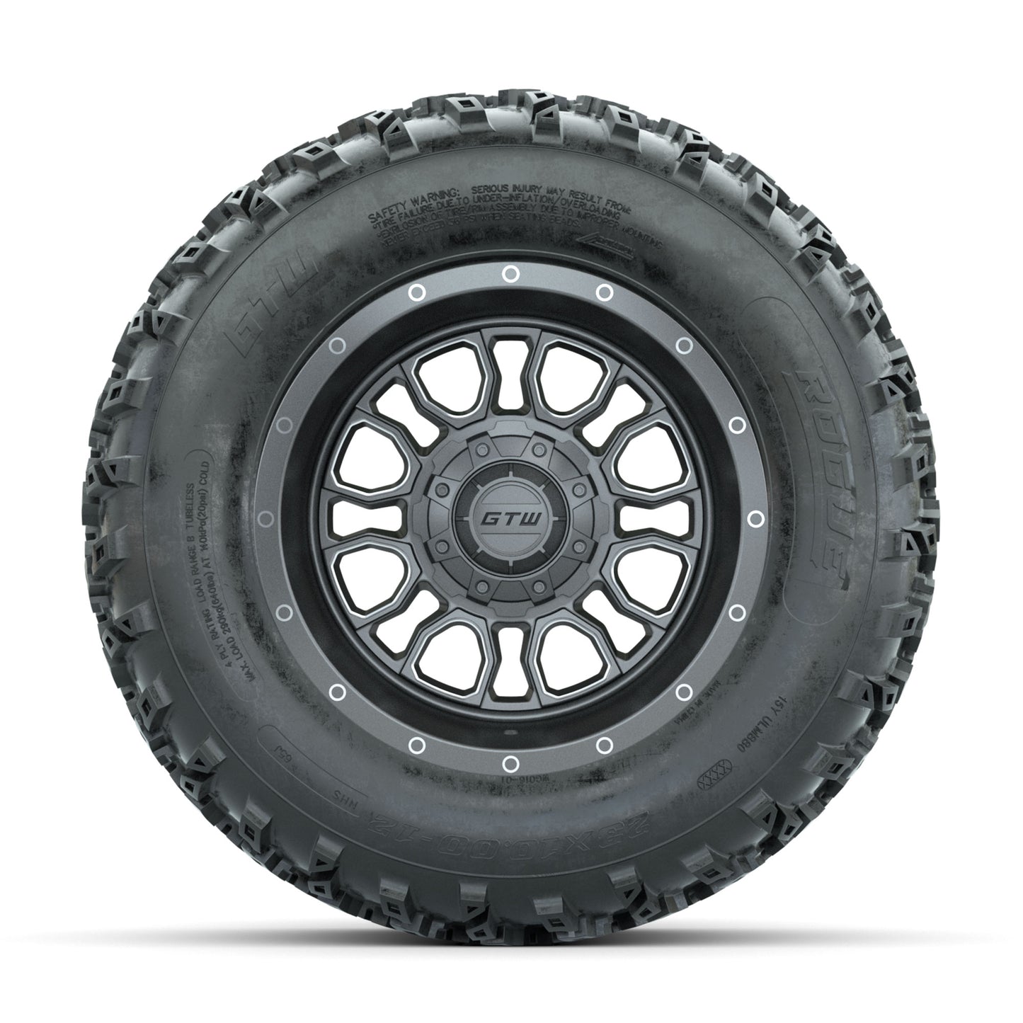 GTW Volt Gunmetal/Machined 12 in Wheels with 23x10.00-12 Rogue All Terrain Tires - Full Set
