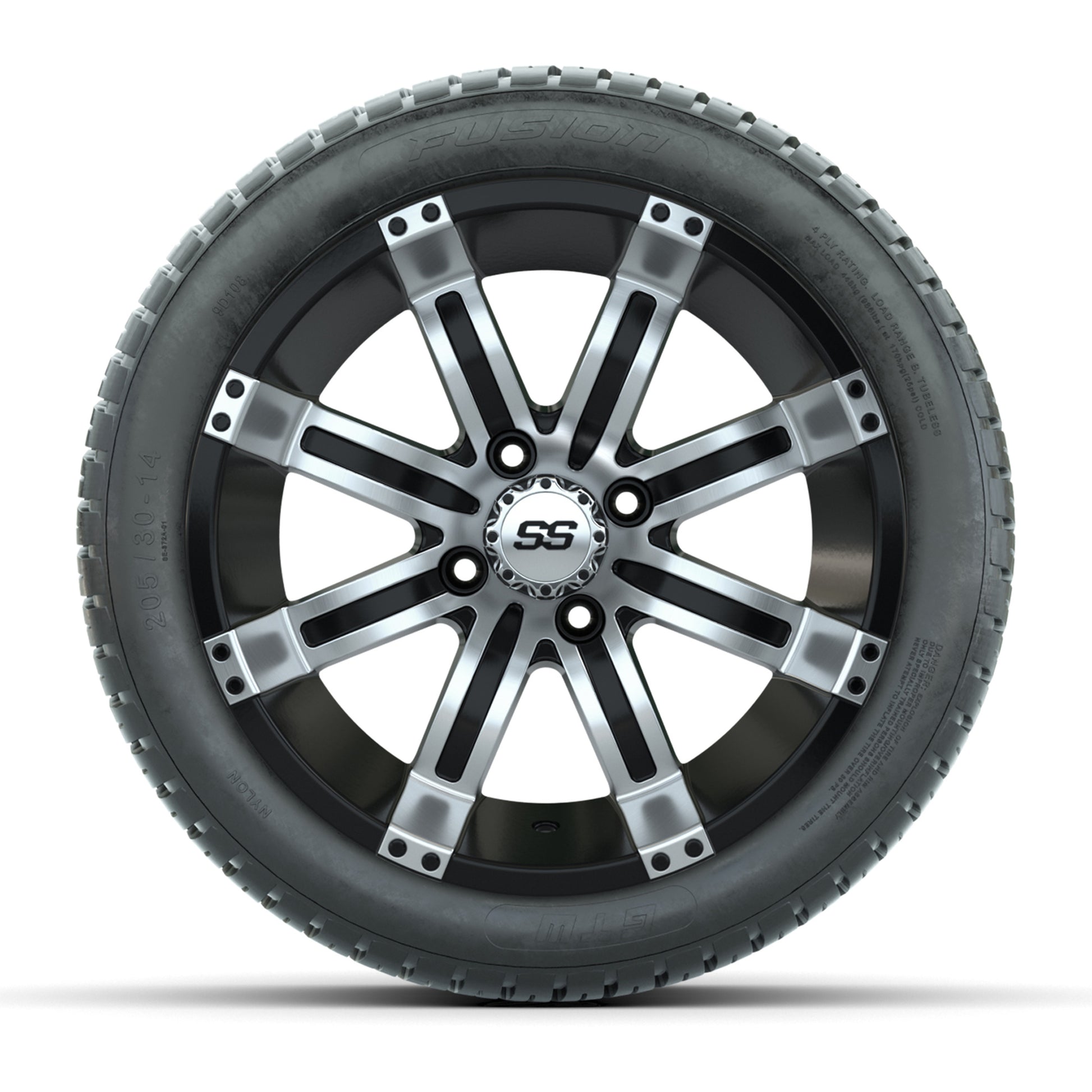 GTW Tempest Black and Machined 14 in Wheels with 19in Fusion Street Tires – Set of 4