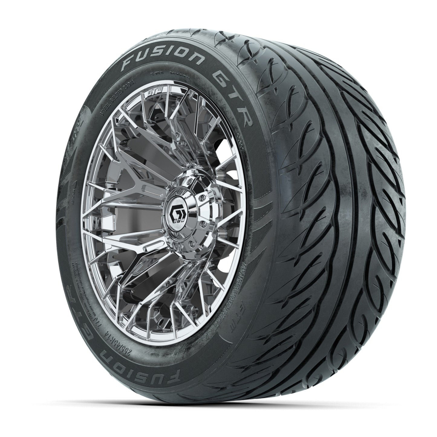 GTW® Stellar Chrome 14 in Wheels with 255/45-R14 Fusion GTR Steel Belt Radial Street Tires – Full Set