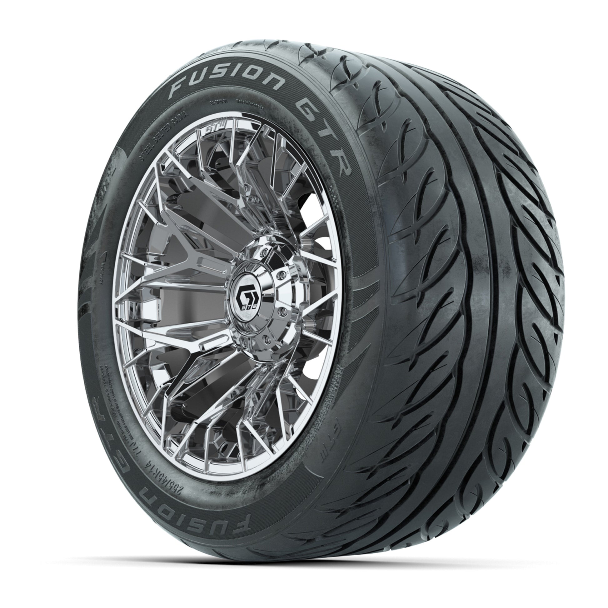 GTW® Stellar Chrome 14 in Wheels with 255/45-R14 Fusion GTR Steel Belt Radial Street Tires – Full Set