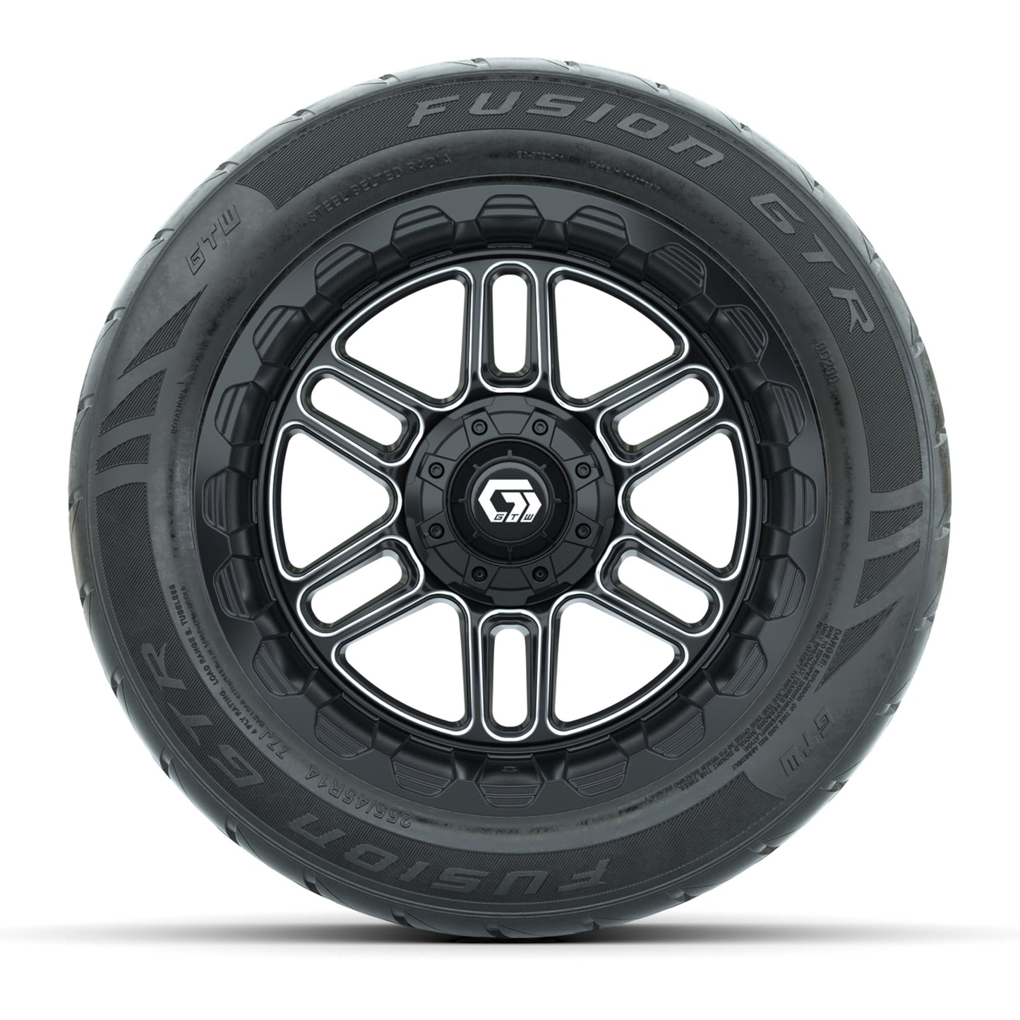 GTW® Titan Black/Machined 14 in Wheels with 255/45-R14 Fusion GTR Steel Belt Radial Street Tires – Full Set