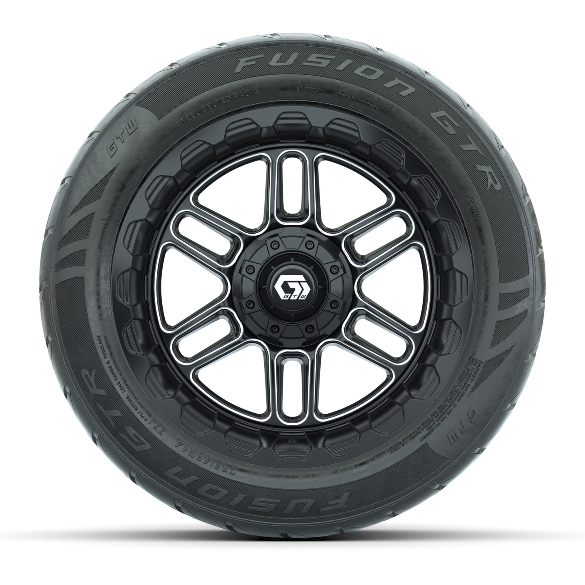 GTW® Titan Black/Machined 14 in Wheels with 255/45-R14 Fusion GTR Steel Belt Radial Street Tires – Full Set