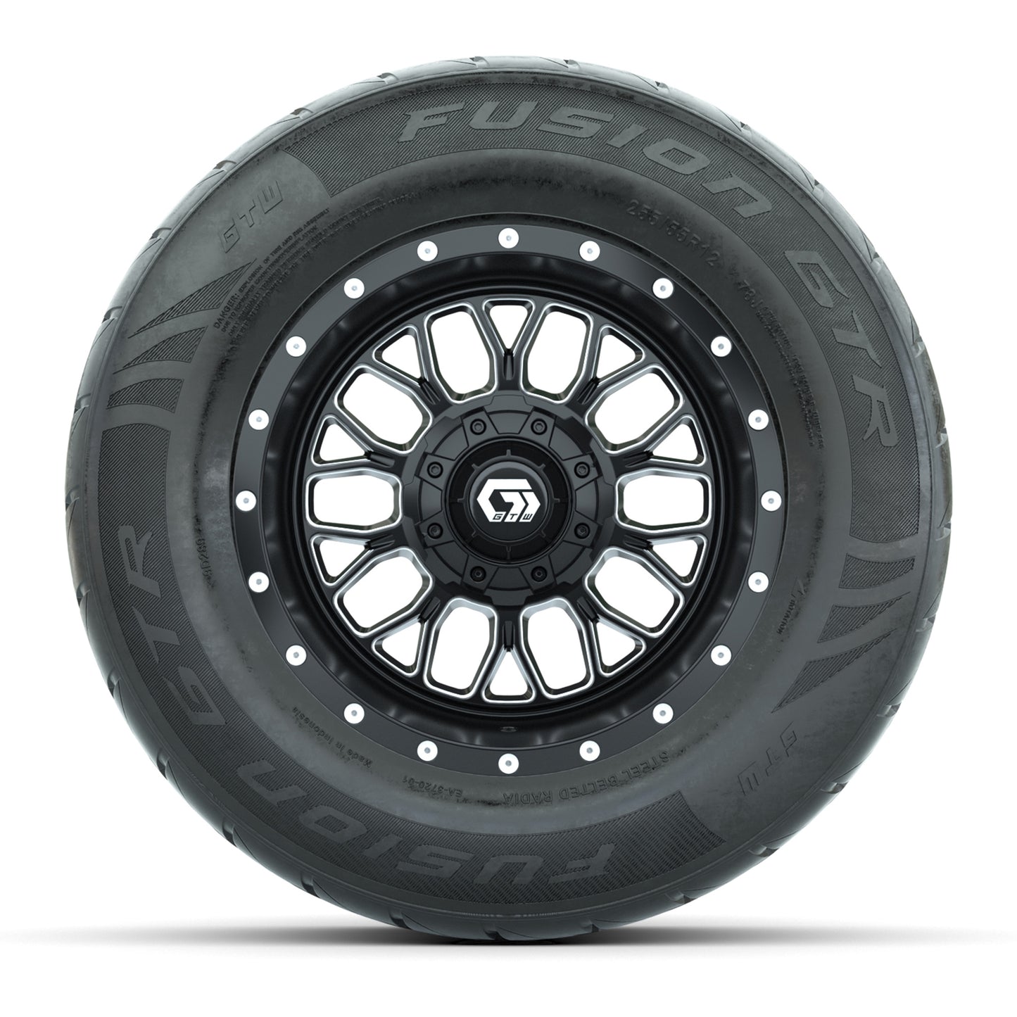 GTW® Helix Black/Machined 12 in Wheels with 255/55-R12 Fusion GTR Steel Belt Radial Street Tires – Full Set