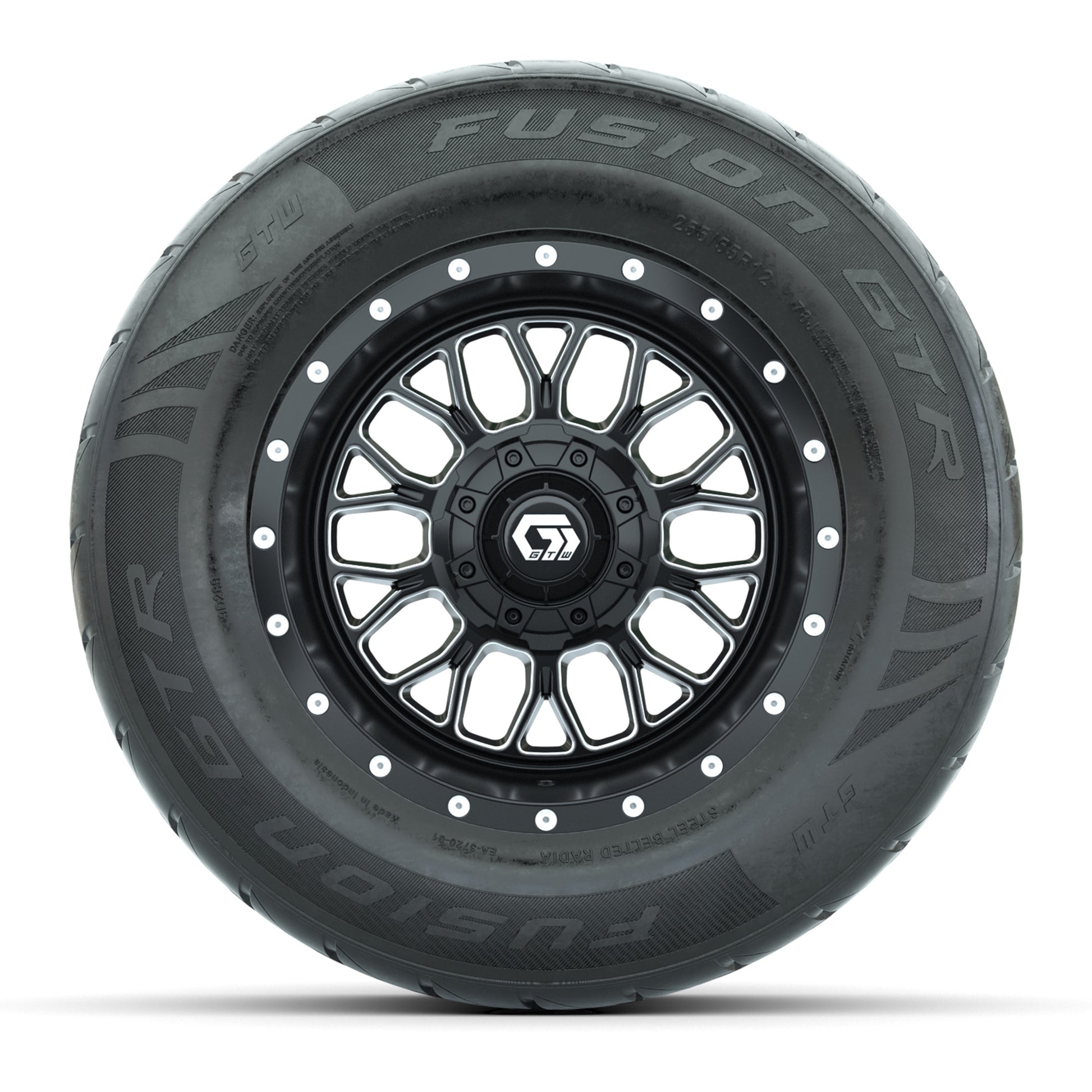 GTW® Helix Black/Machined 12 in Wheels with 255/55-R12 Fusion GTR Steel Belt Radial Street Tires – Full Set