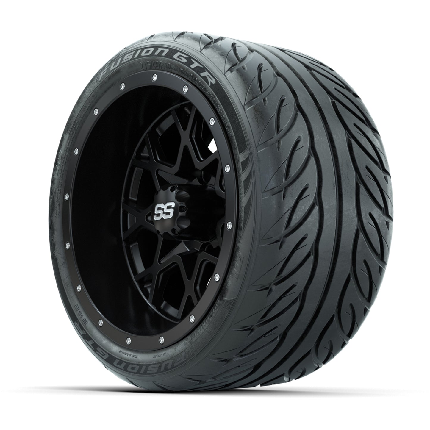 GTW® Vortex 2 Matte Black/Machined 12 in Wheels with 215/40-R12 Fusion GTR Steel Belt Radial Street Tires – Full Set
