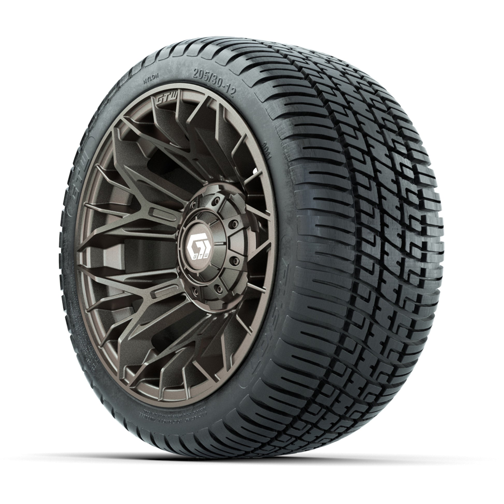 GTW® Stellar Matte Bronze 12 in Wheels with 205/30-12 Fusion Street Tires – Full Set