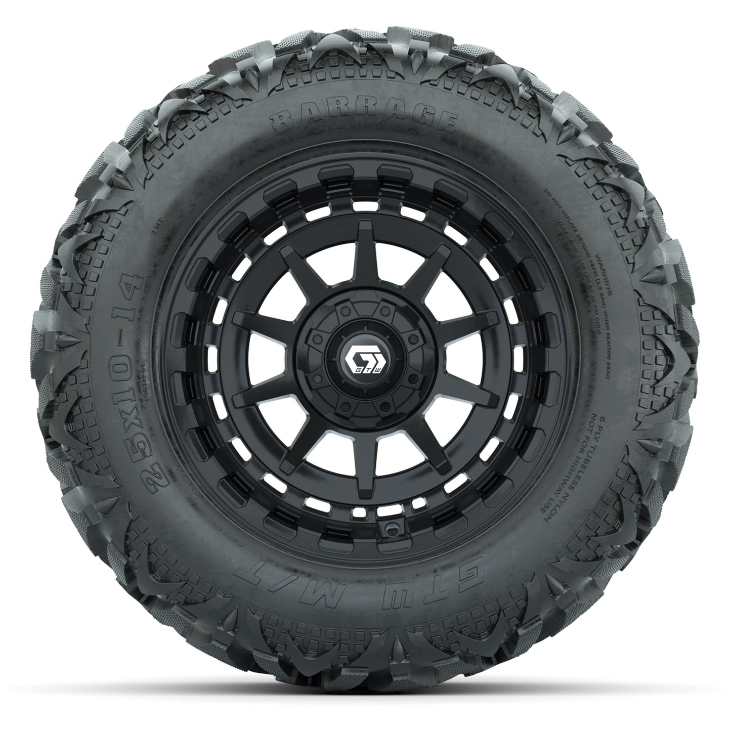GTW Barricade Black 14 in Wheels with 25x10-14 Barrage Mud Tires – Full Set