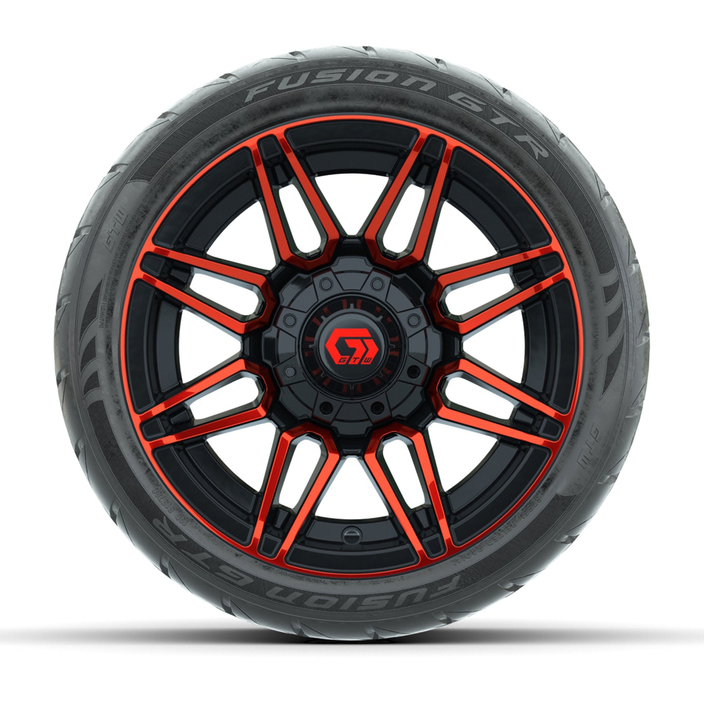 GTW® Stealth Red/Machined 12 in Wheels with 215/40-R12 Fusion GTR Steel Belt Radial Street Tires – Full Set