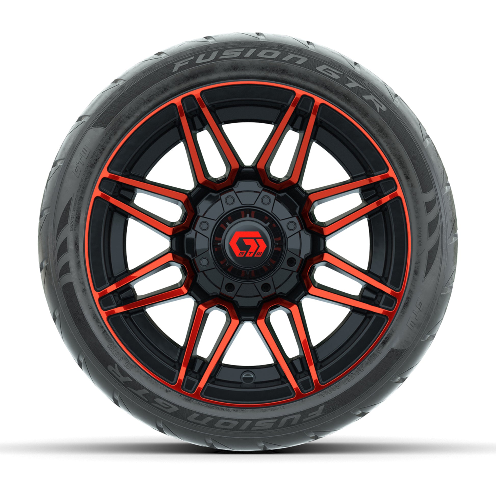 GTW® Stealth Red/Machined 12 in Wheels with 215/40-R12 Fusion GTR Steel Belt Radial Street Tires – Full Set