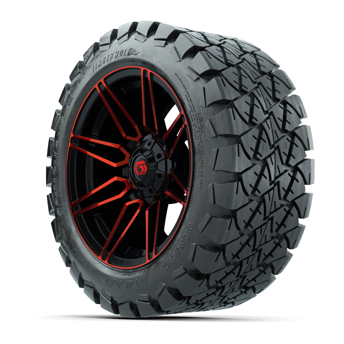 GTW® Stealth Gloss Black/Red 14 in Wheels with 22x10-14 Timberwolf All-Terrain Tires – Full Set