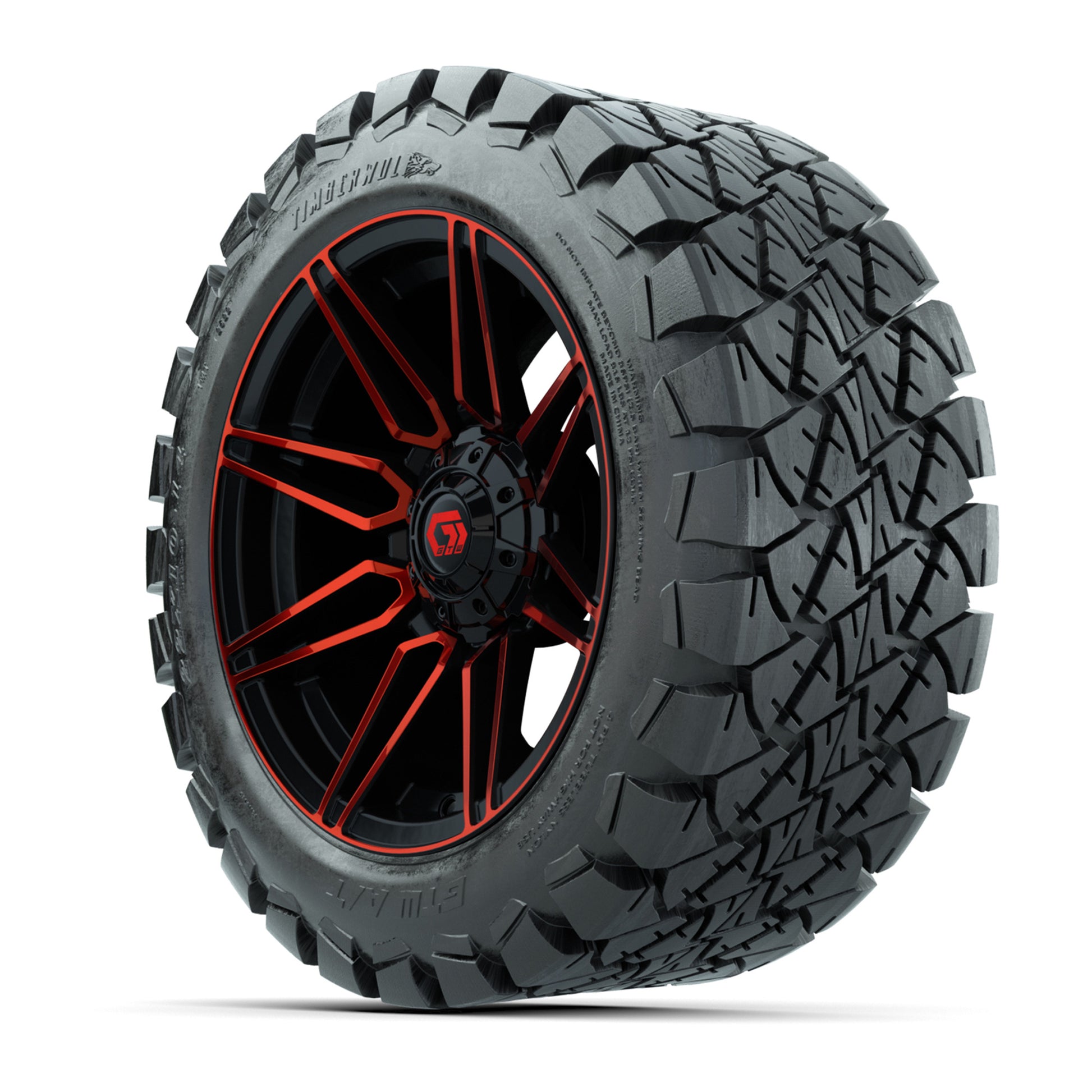 GTW® Stealth Gloss Black/Red 14 in Wheels with 22x10-14 Timberwolf All-Terrain Tires – Full Set