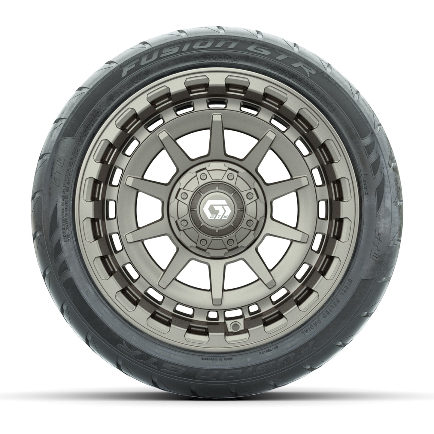 GTW® Barricade Bronze 14 in Wheels with 225/40-R14 Fusion GTR Steel Belt Radial Street Tires – Full Set