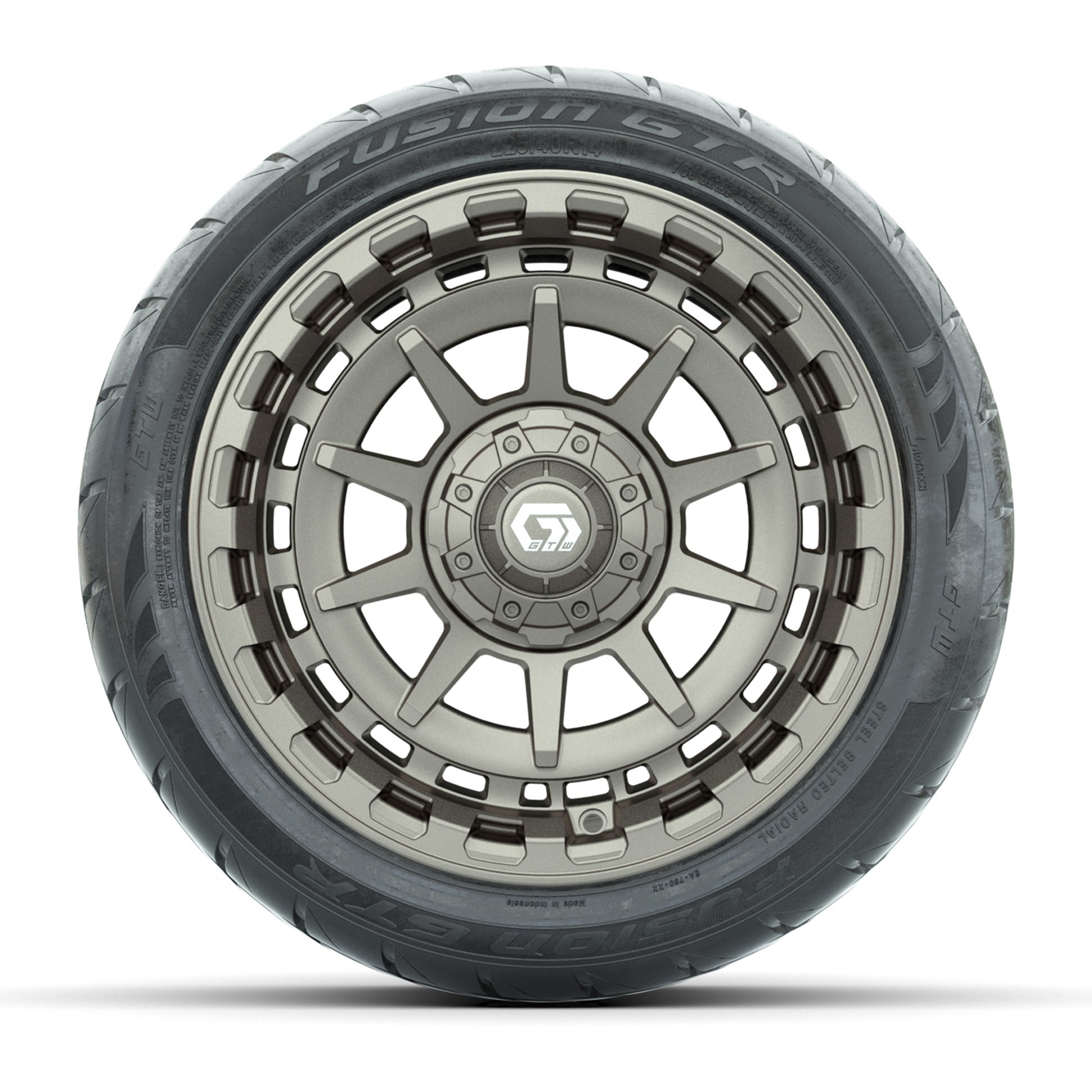 GTW® Barricade Bronze 14 in Wheels with 225/40-R14 Fusion GTR Steel Belt Radial Street Tires – Full Set