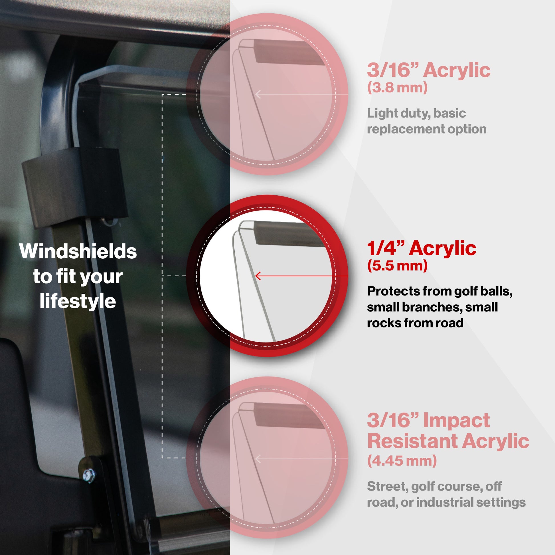RedDot EZGO RXV with Modular Top Tinted Folding 1/4" Windshield with Rubber Trim (Years 2024-Up)