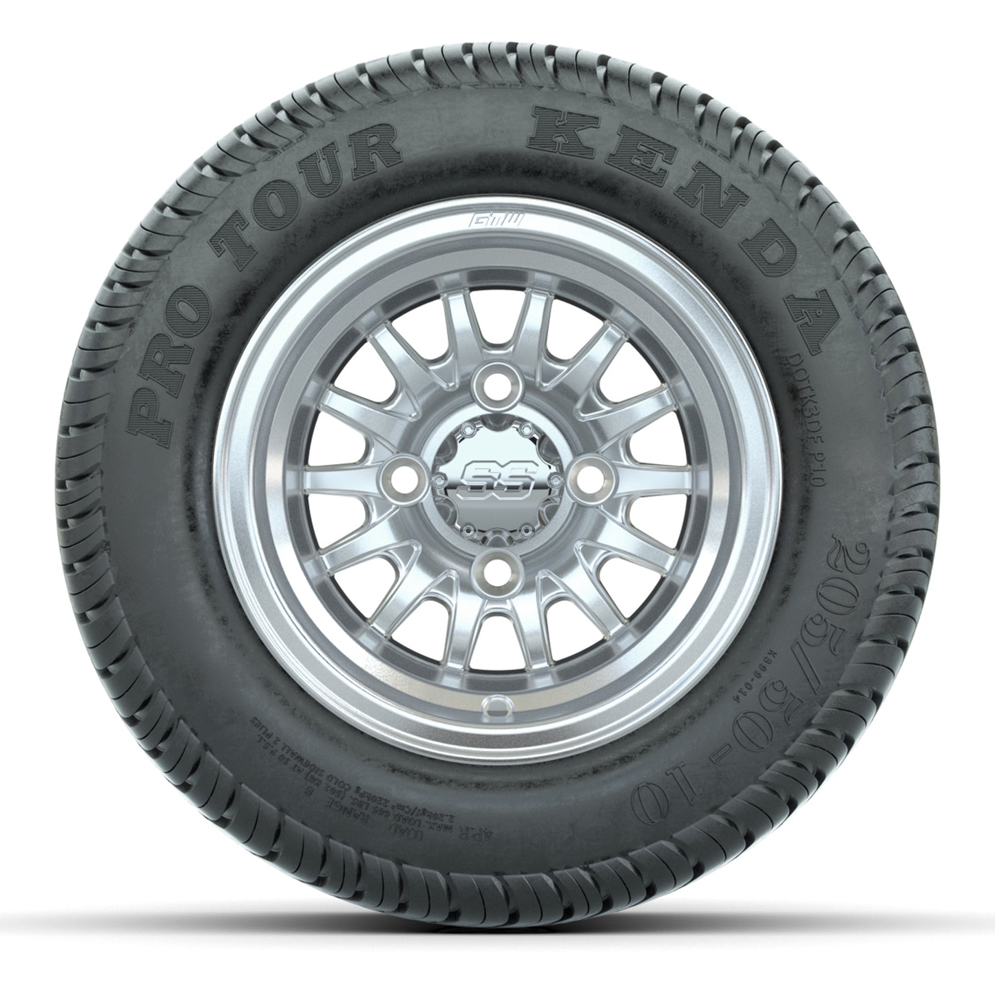 GTW Medusa Silver/Machined 10 in Wheels with 205/50-10 Kenda Pro Tour Street Tires – Full Set