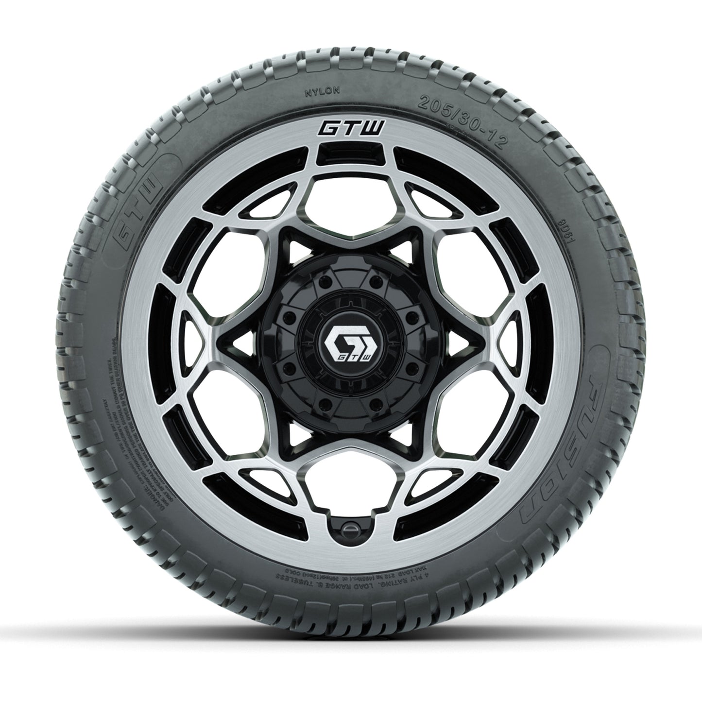 GTW® Nexus Black with Silver Face 12 in Wheels with 205/30-12 Fusion Street Tires - Full Set
