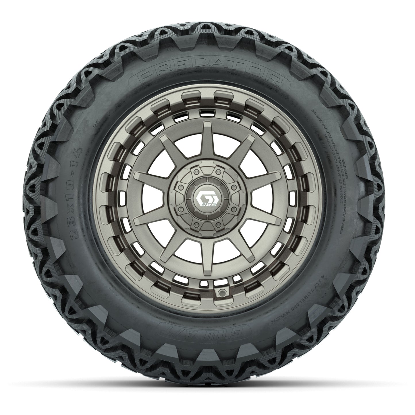 GTW® Barricade Satin Bronze 14 in Wheels with 23x10-14 Predator All-Terrain Tires – Full Set