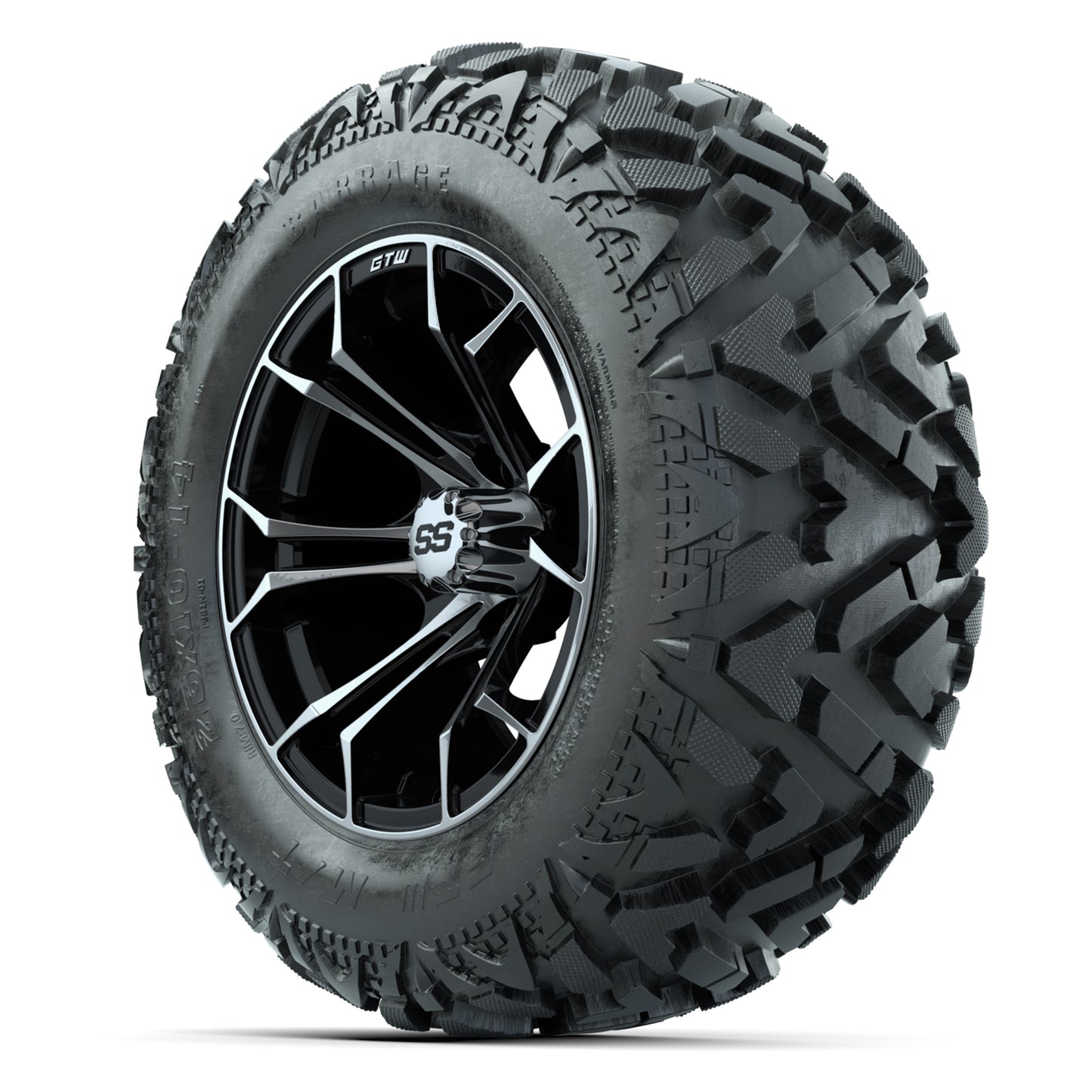 GTW Spyder Black/Machined 14 in Wheels with 25x10-14 Barrage Mud Tires – Full Set