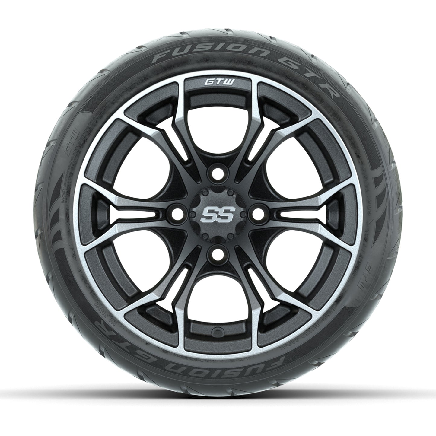 GTW® Spyder Matte Gray/Machined 12 in Wheels with 215/40-R12 Fusion GTR Steel Belt Radial Street Tires – Full Set
