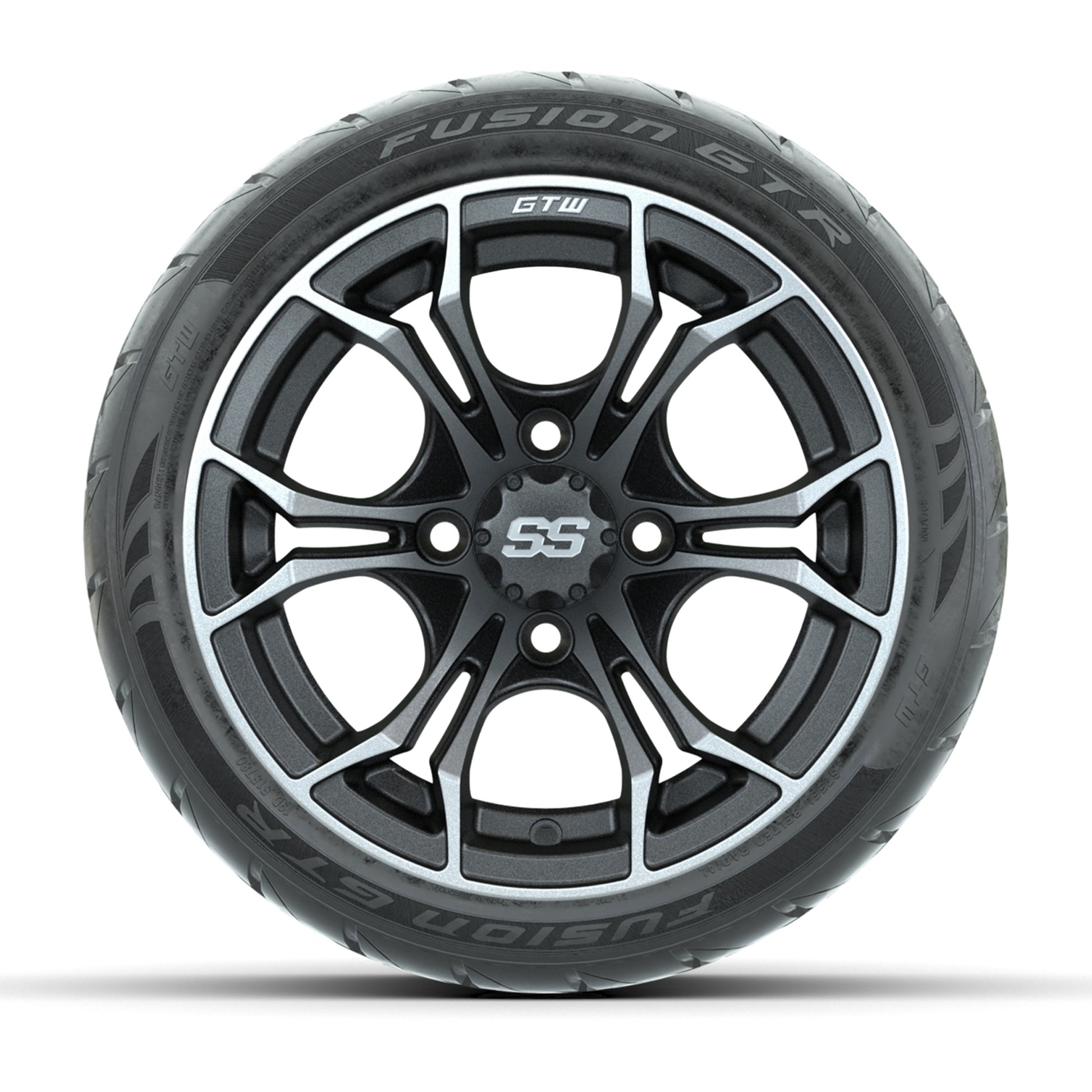 GTW® Spyder Matte Gray/Machined 12 in Wheels with 215/40-R12 Fusion GTR Steel Belt Radial Street Tires – Full Set