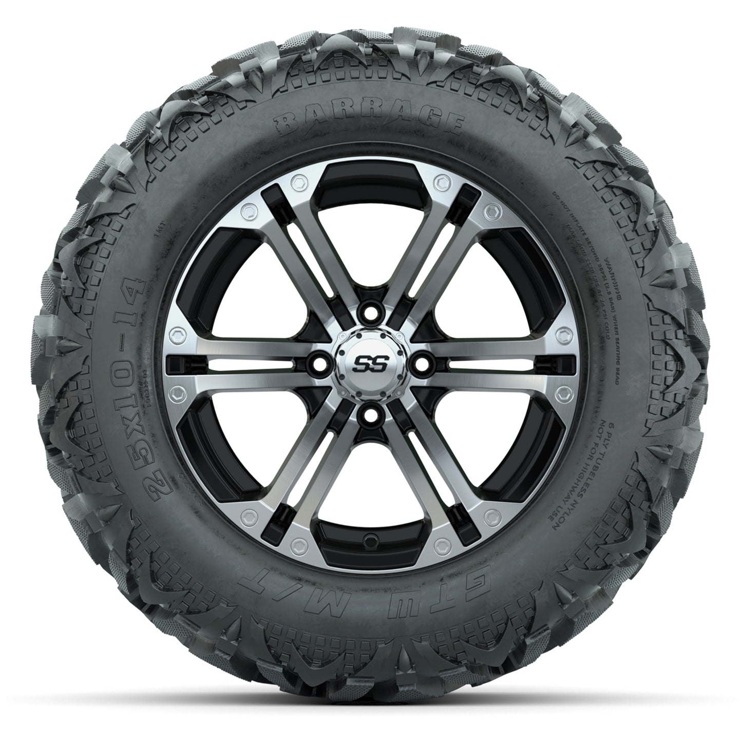 GTW Specter Black/Machined 14 in Wheels with 25x10-14 Barrage Mud Tires – Full Set