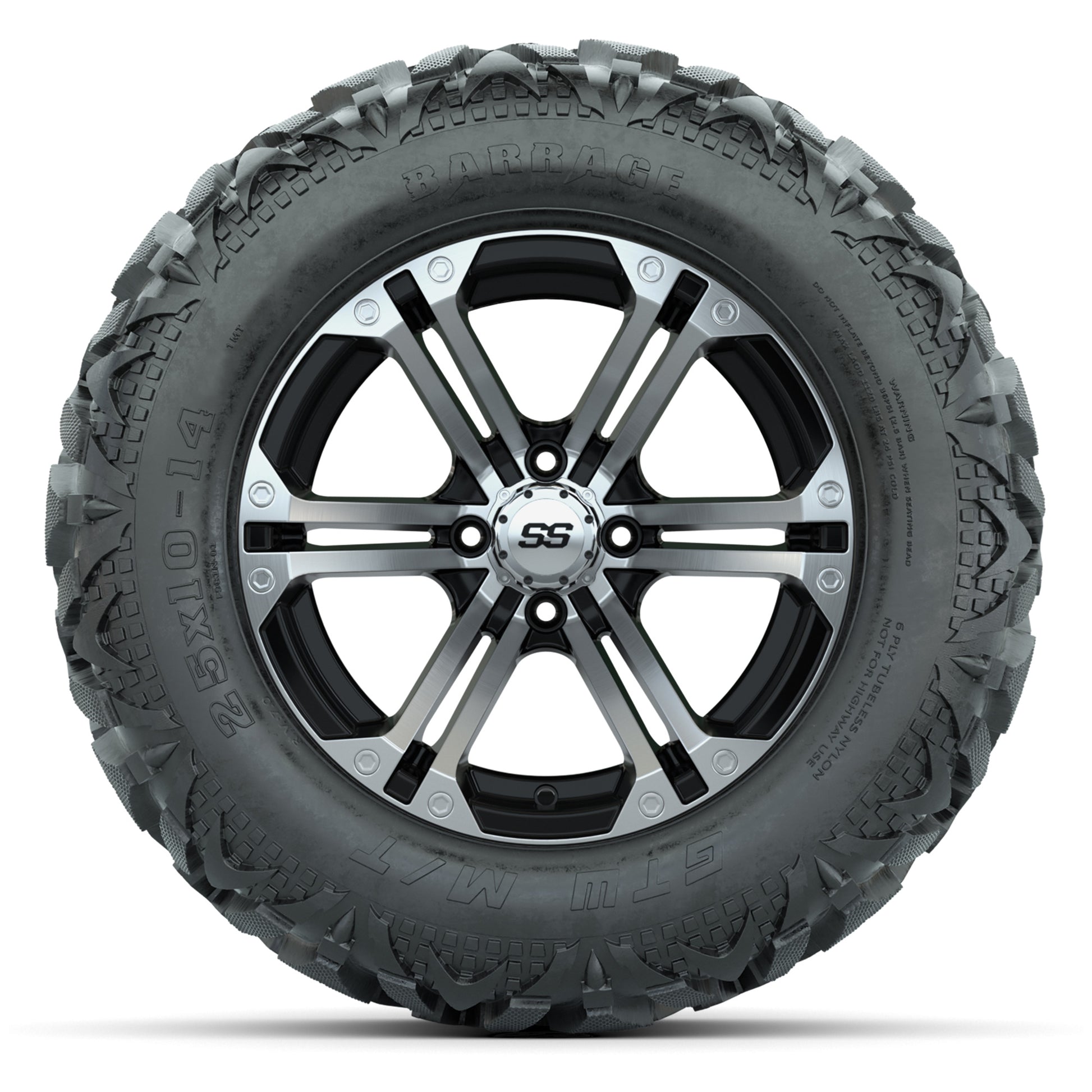 GTW Specter Black/Machined 14 in Wheels with 25x10-14 Barrage Mud Tires – Full Set